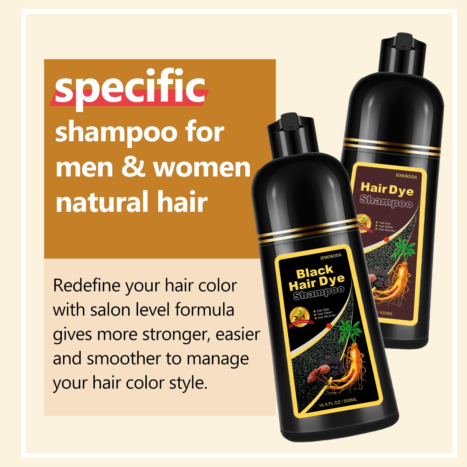 Fedulili Natural Black Tea Hair Dye Shampoo 3-in-1 – Instant Gray Coverage, 16.9 fl oz
