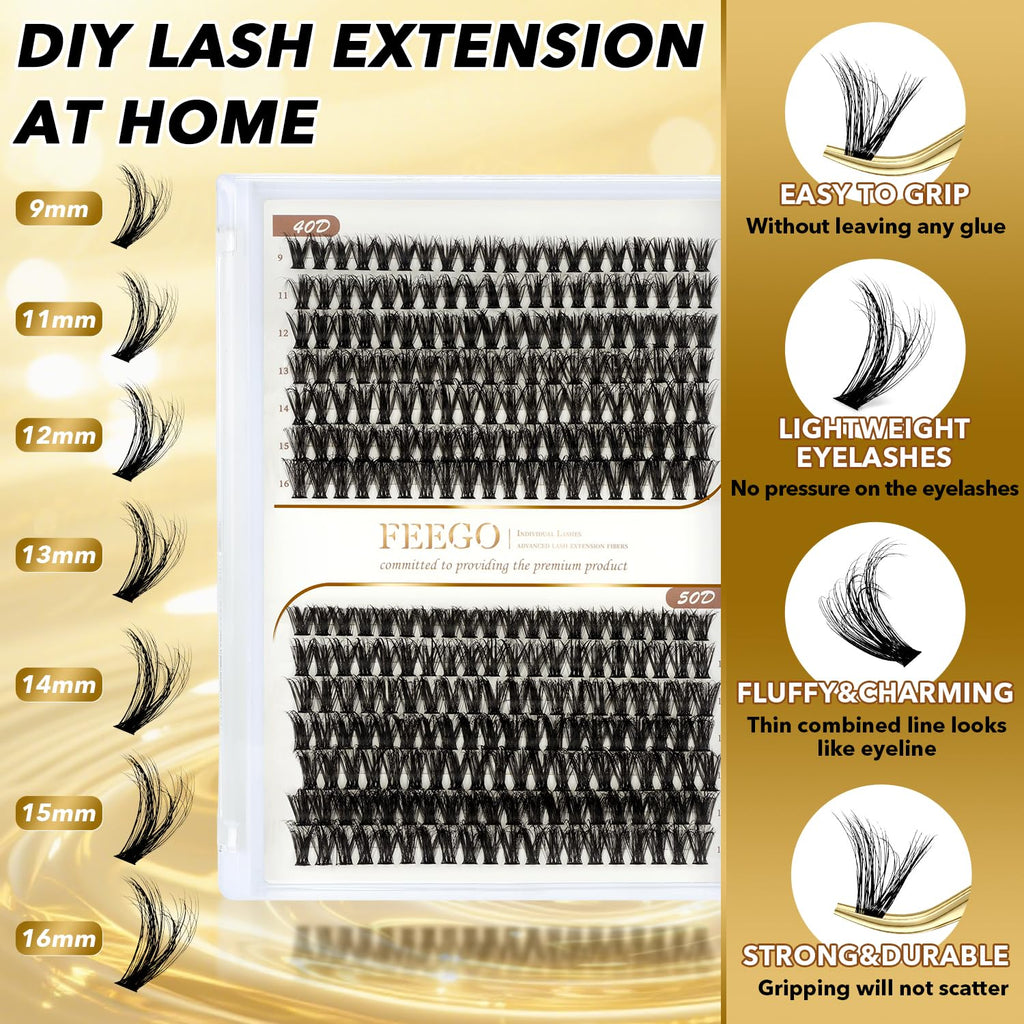 FEEGO Lash Extension Kit | Fluffy 9-16mm Cluster Lashes, Waterproof & DIY Friendly