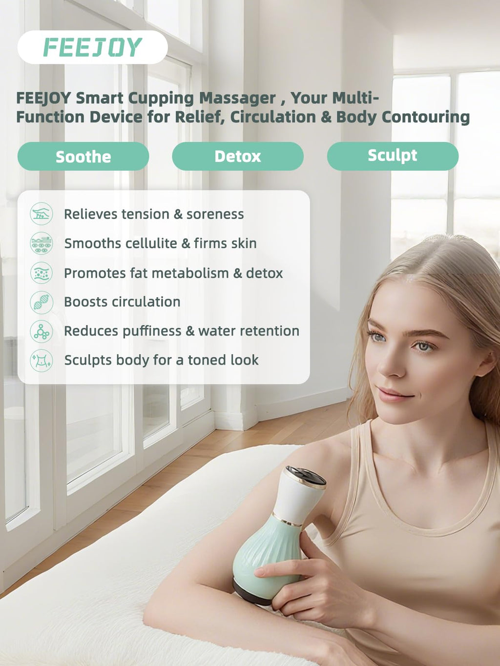 FEEJOY Electric Lymphatic Drainage Massager with Pulse Therapy & Heat – 12-Level Cupping for Body Sculpting