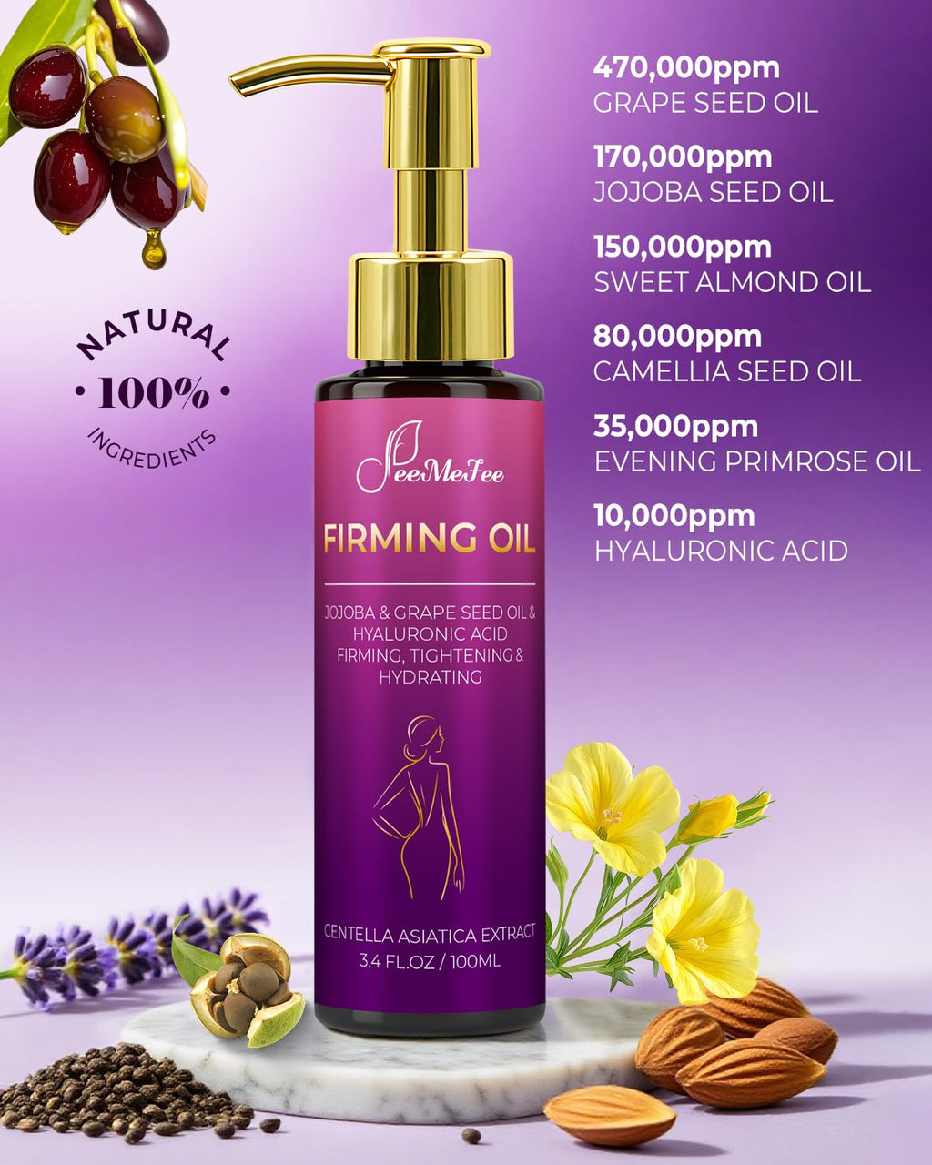 FeeMeFee Body Firming Oil – 3.4 oz with Hyaluronic Acid, Grape Seed & Jojoba, Lavender