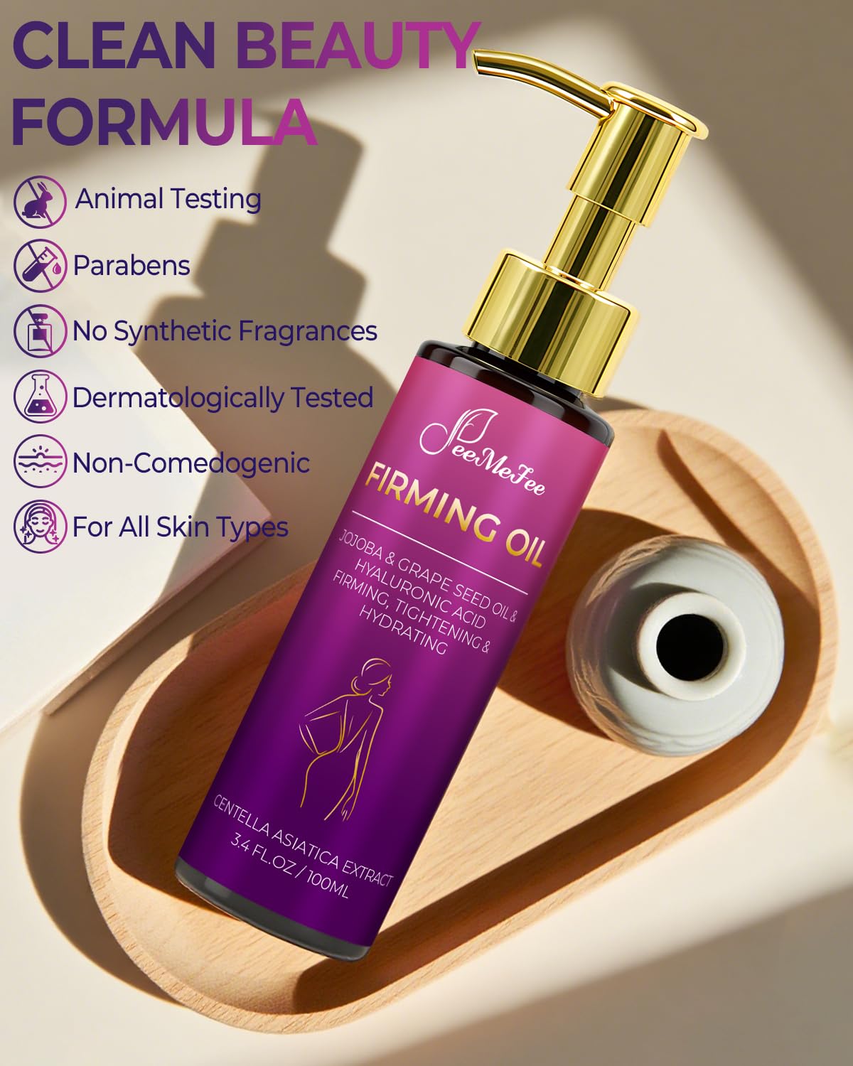 FeeMeFee Body Firming Oil – 3.4 oz with Hyaluronic Acid, Grape Seed & Jojoba, Lavender