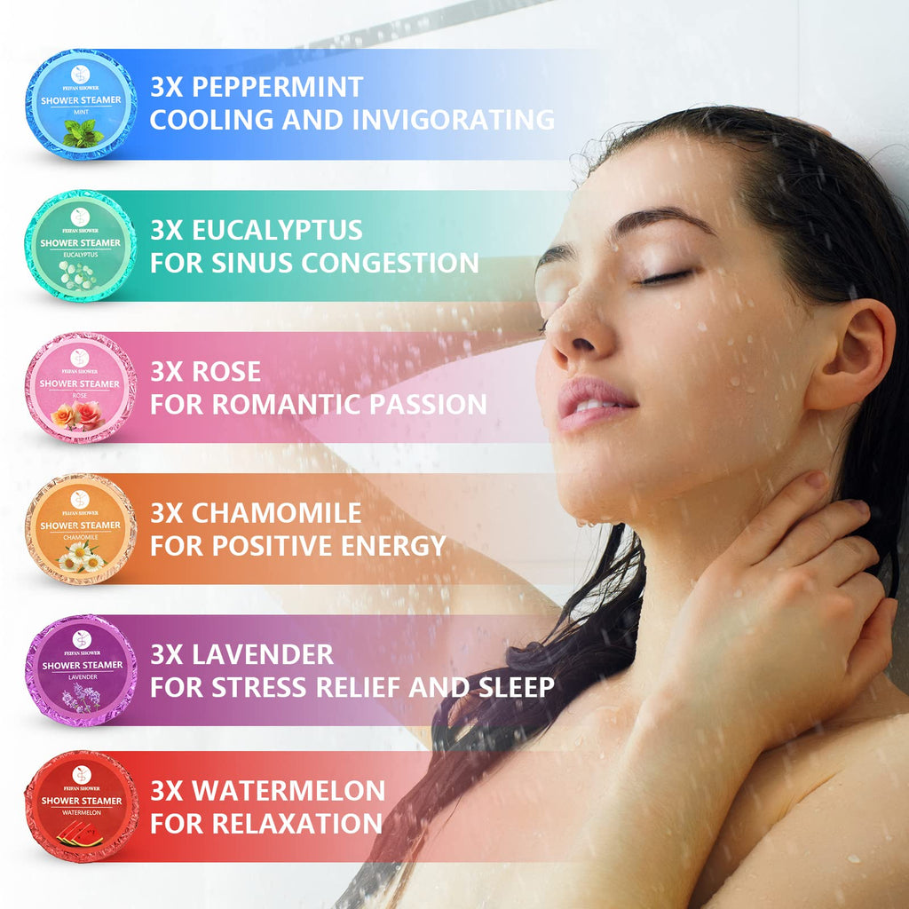 FEIFAN SHOWER Shower Steamers – 18-Pack Aromatherapy Gift Set (Lavender, Eucalyptus, Mint, Watermelon, Chamomile, Rose)
