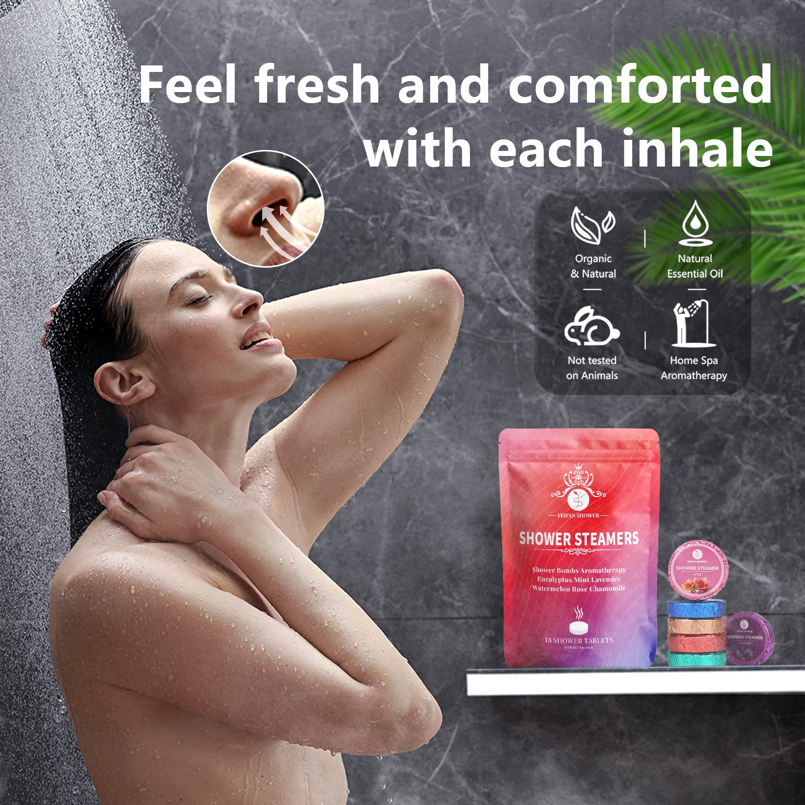 FEIFAN SHOWER Shower Steamers – 18-Pack Aromatherapy Gift Set (Lavender, Eucalyptus, Mint, Watermelon, Chamomile, Rose)