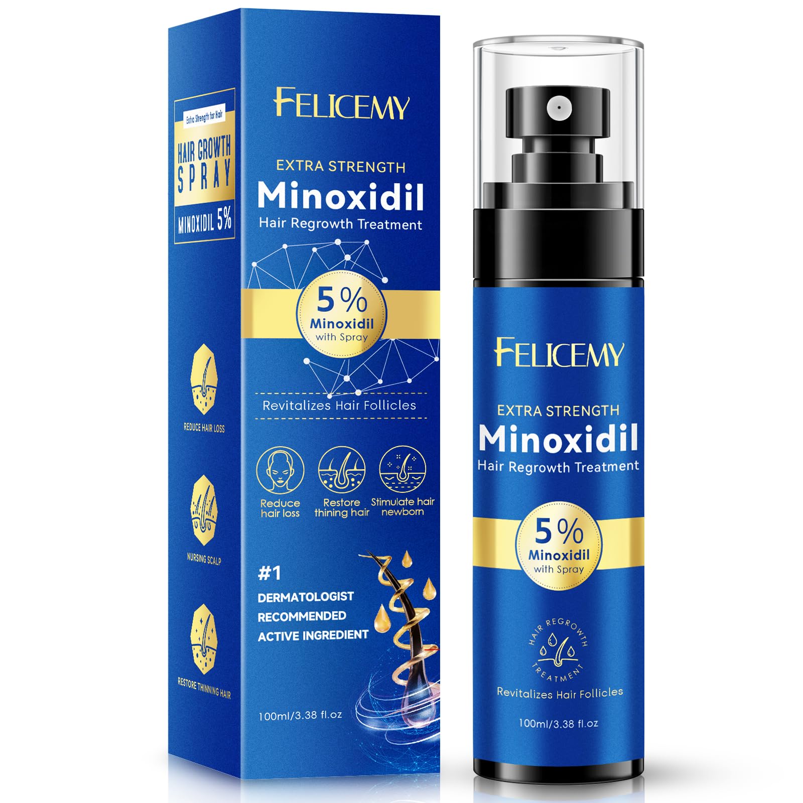 Felicemy 5% Minoxidil Spray for Hair & Beard Growth — Men & Women, 3.38 Fl Oz