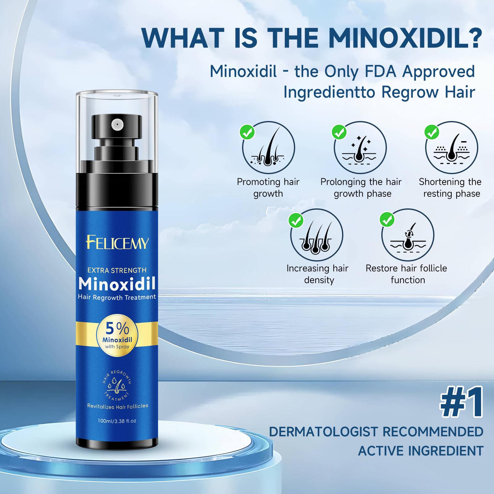 Felicemy 5% Minoxidil Spray for Hair & Beard Growth — Men & Women, 3.38 Fl Oz