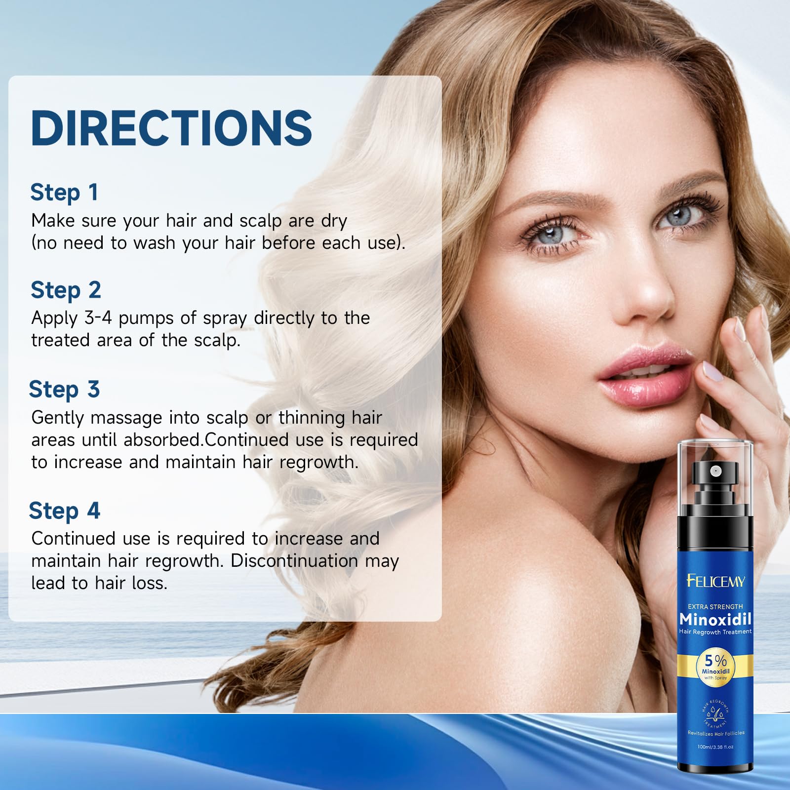 Felicemy 5% Minoxidil Spray for Hair & Beard Growth — Men & Women, 3.38 Fl Oz