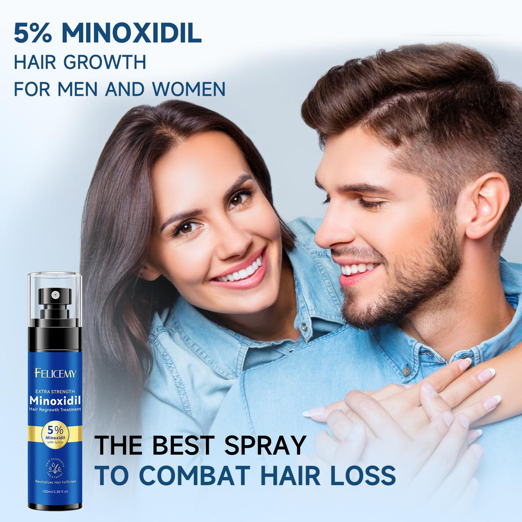 Felicemy 5% Minoxidil Spray for Hair & Beard Growth — Men & Women, 3.38 Fl Oz