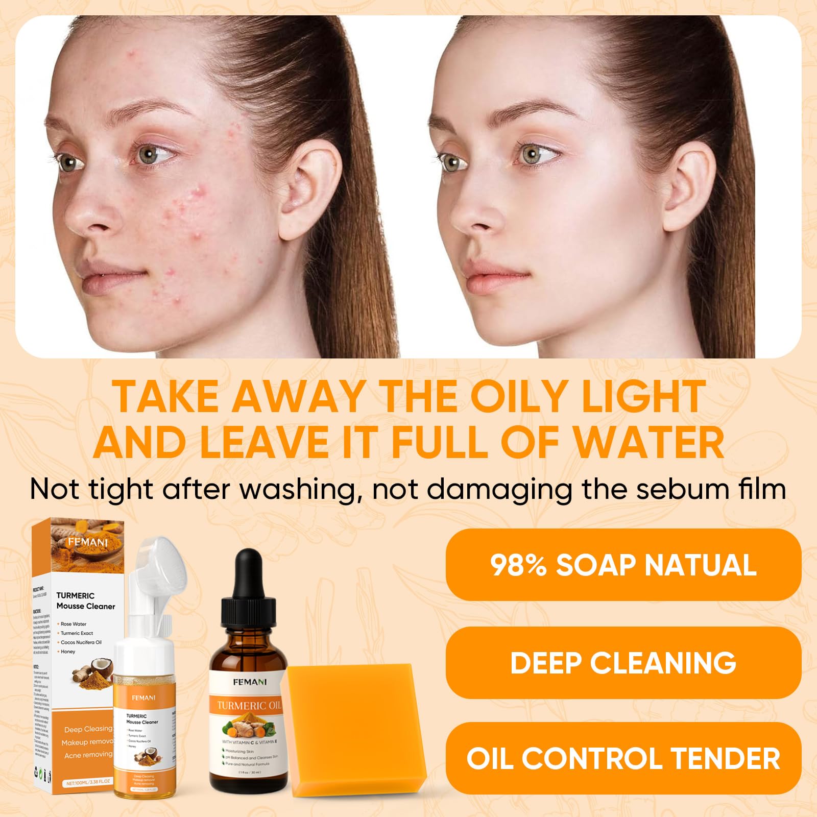 Femani Turmeric Face Wash Set – Turmeric Cleanser, Soap Bar & Oil for All Skin Types