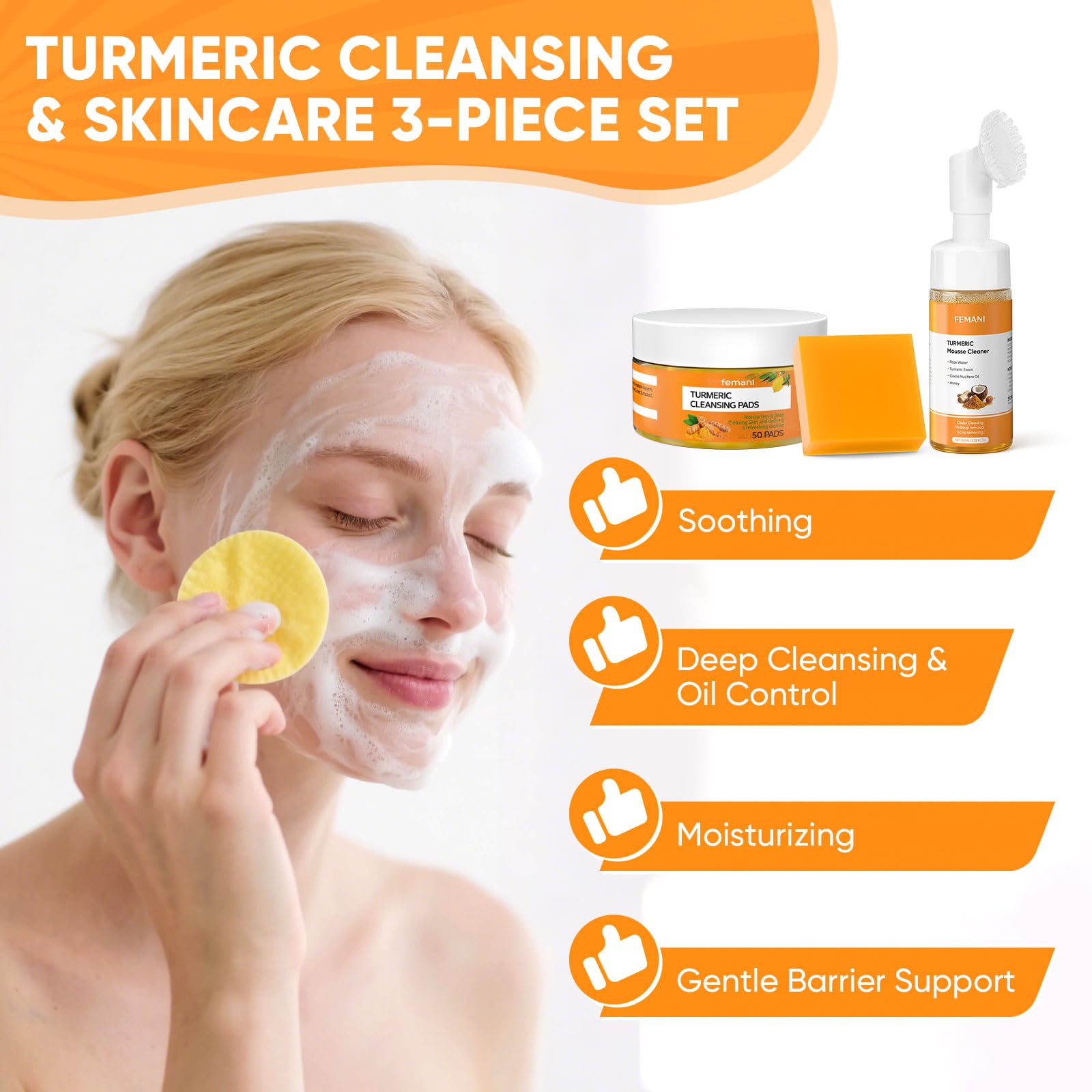 Femani Turmeric Cleansing Set – 50 Pads, Soap Bar & Face Wash with Brush
