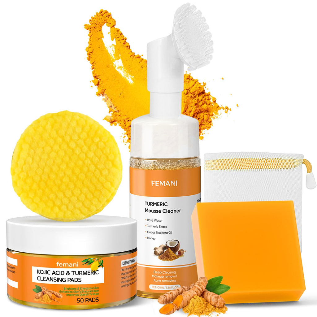 Femani Turmeric Cleansing Set – 50 Pads, Soap Bar & Face Wash with Brush