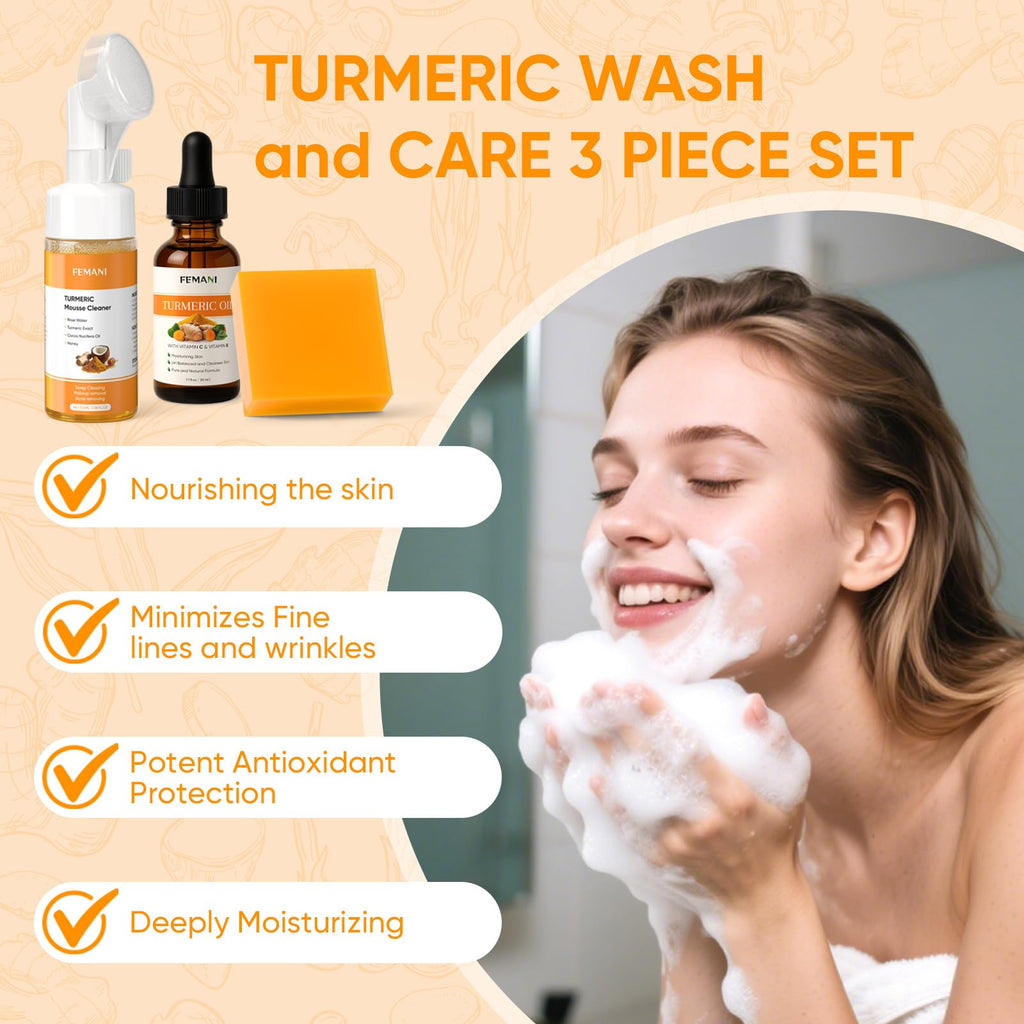 Femani Turmeric Face Wash Set – Turmeric Cleanser, Soap Bar & Oil for All Skin Types