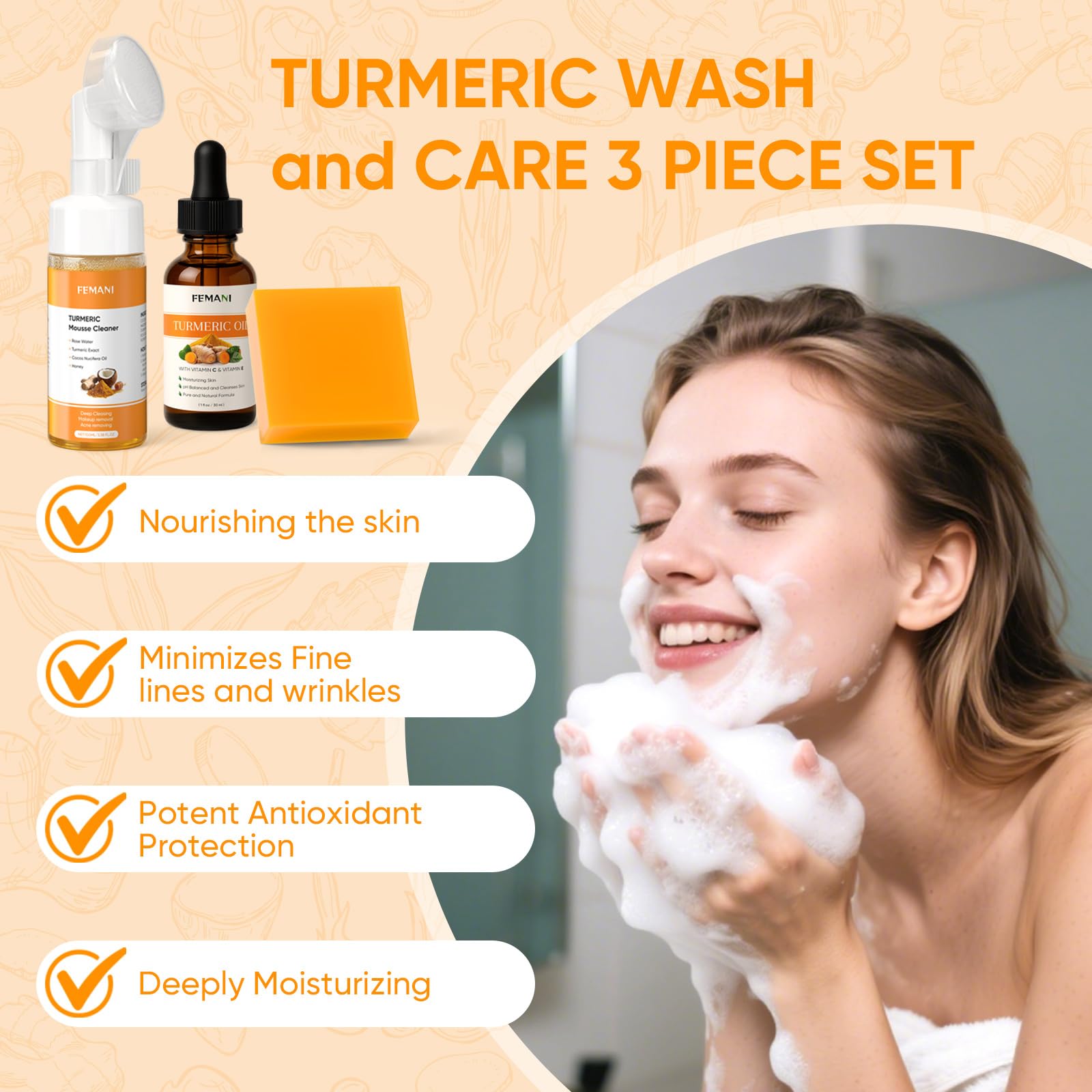 Femani Turmeric Face Wash Set – Turmeric Cleanser, Soap Bar & Oil for All Skin Types