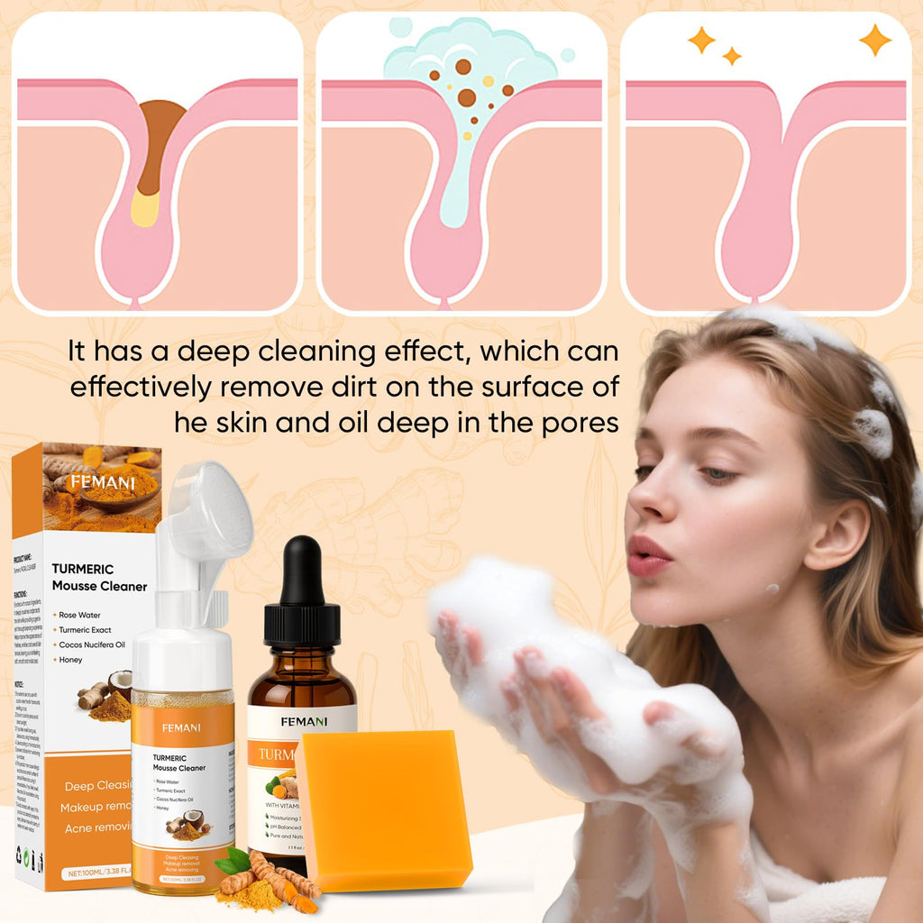 Femani Turmeric Face Wash Set – Turmeric Cleanser, Soap Bar & Oil for All Skin Types