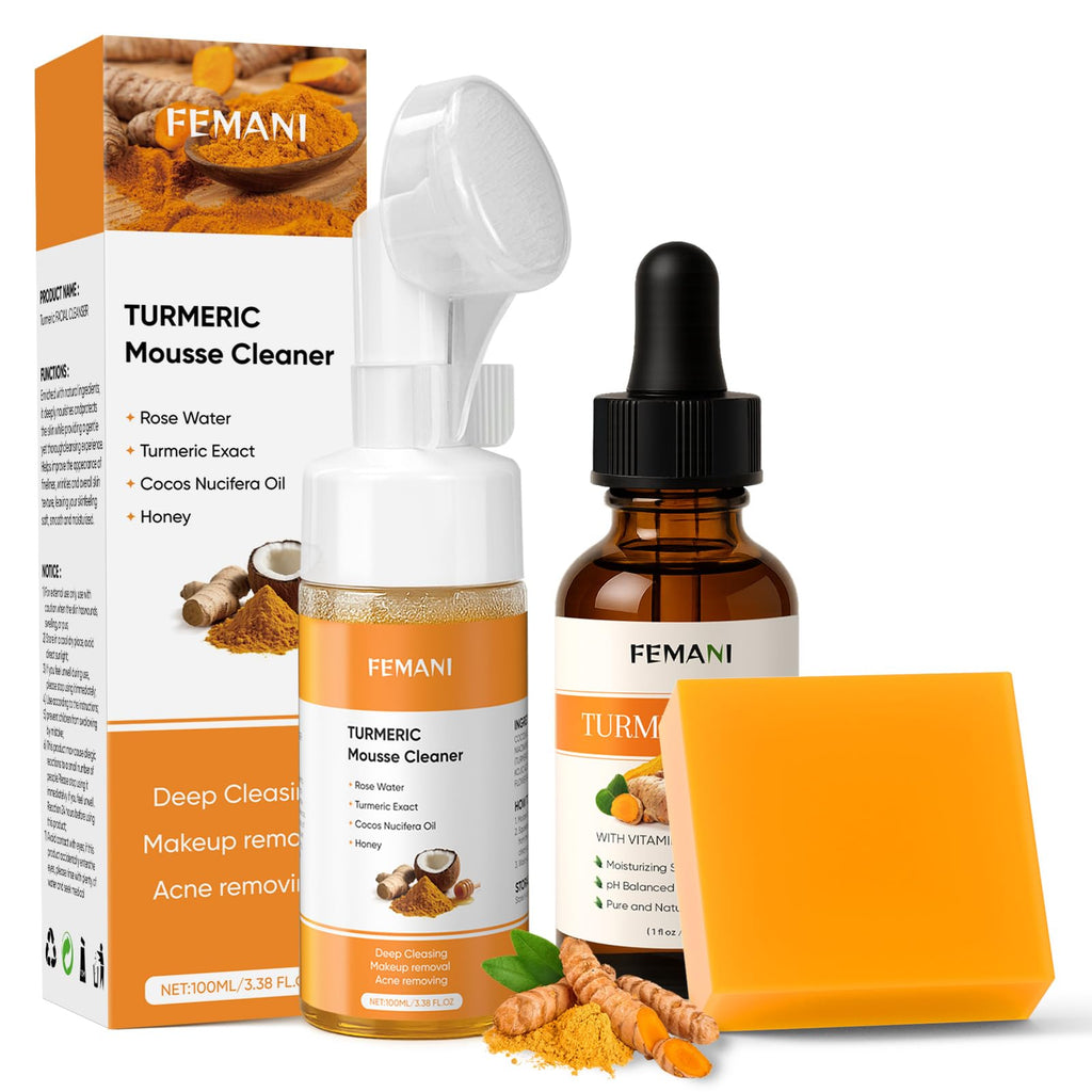 Femani Turmeric Face Wash Set – Turmeric Cleanser, Soap Bar & Oil for All Skin Types