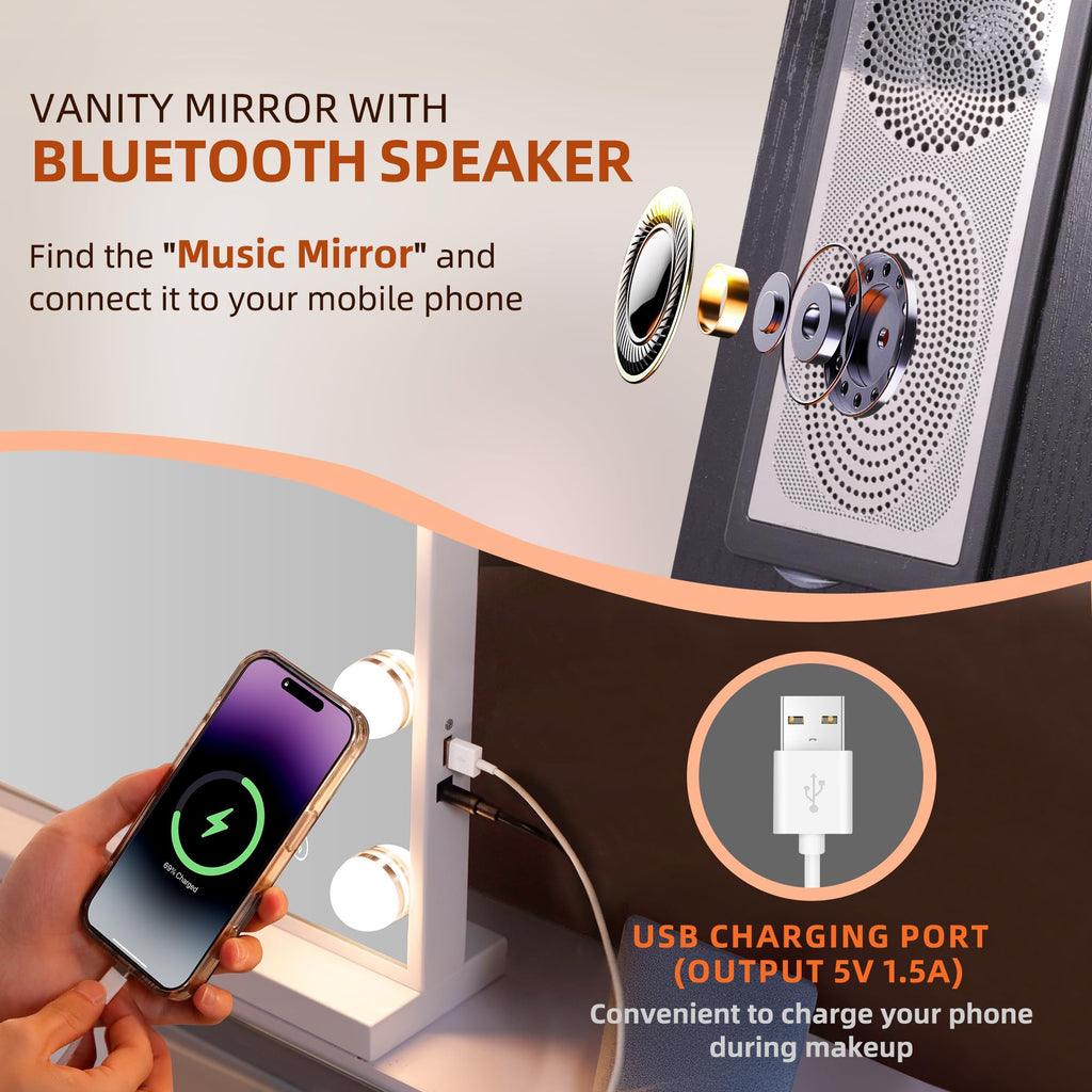 Fenchilin Vanity Mirror with Lights & Bluetooth Speaker - 22.8 x 18.1 in - 15 LED Bulbs - 3 Color Modes
