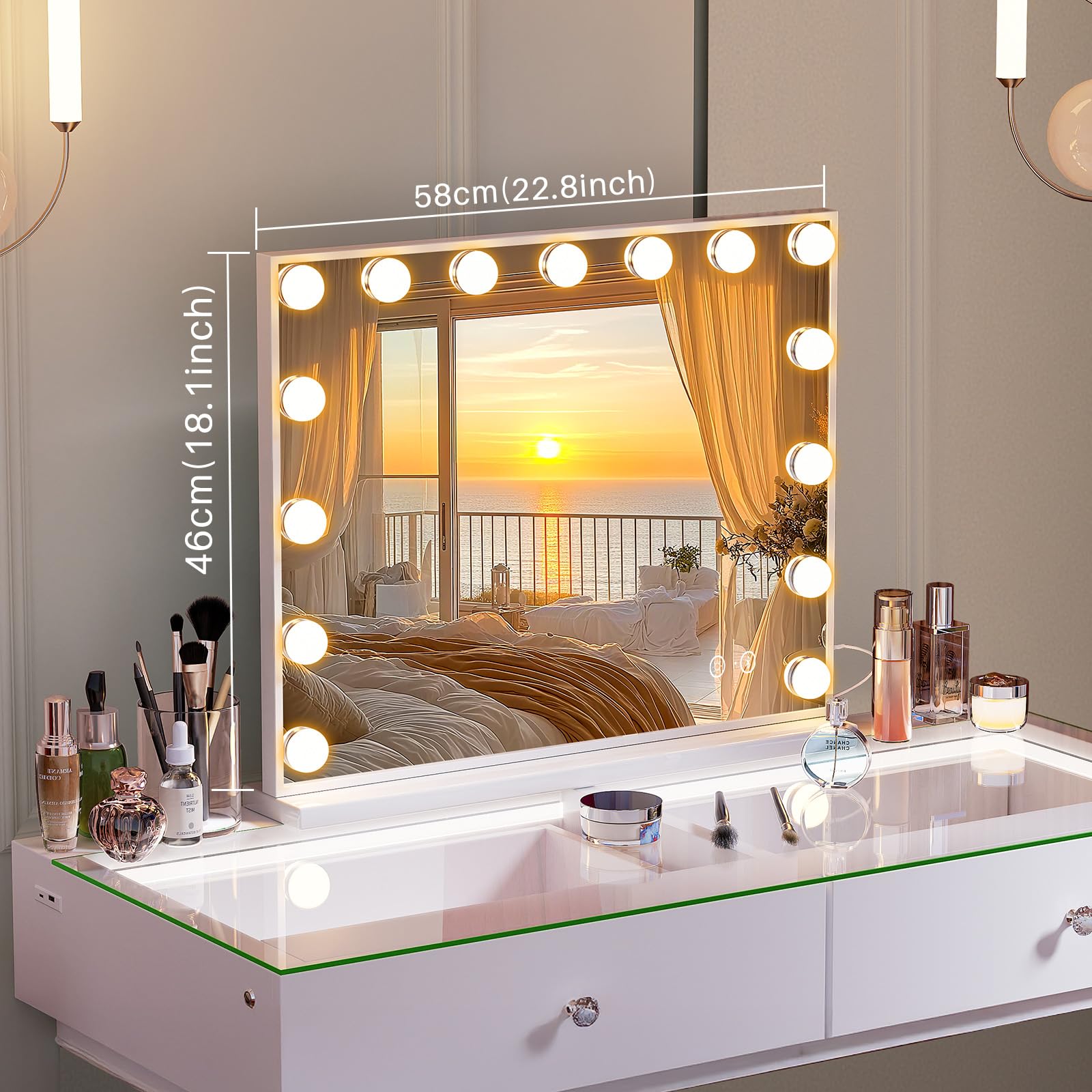 Fenchilin Vanity Mirror with Lights & Bluetooth Speaker - 22.8 x 18.1 in - 15 LED Bulbs - 3 Color Modes