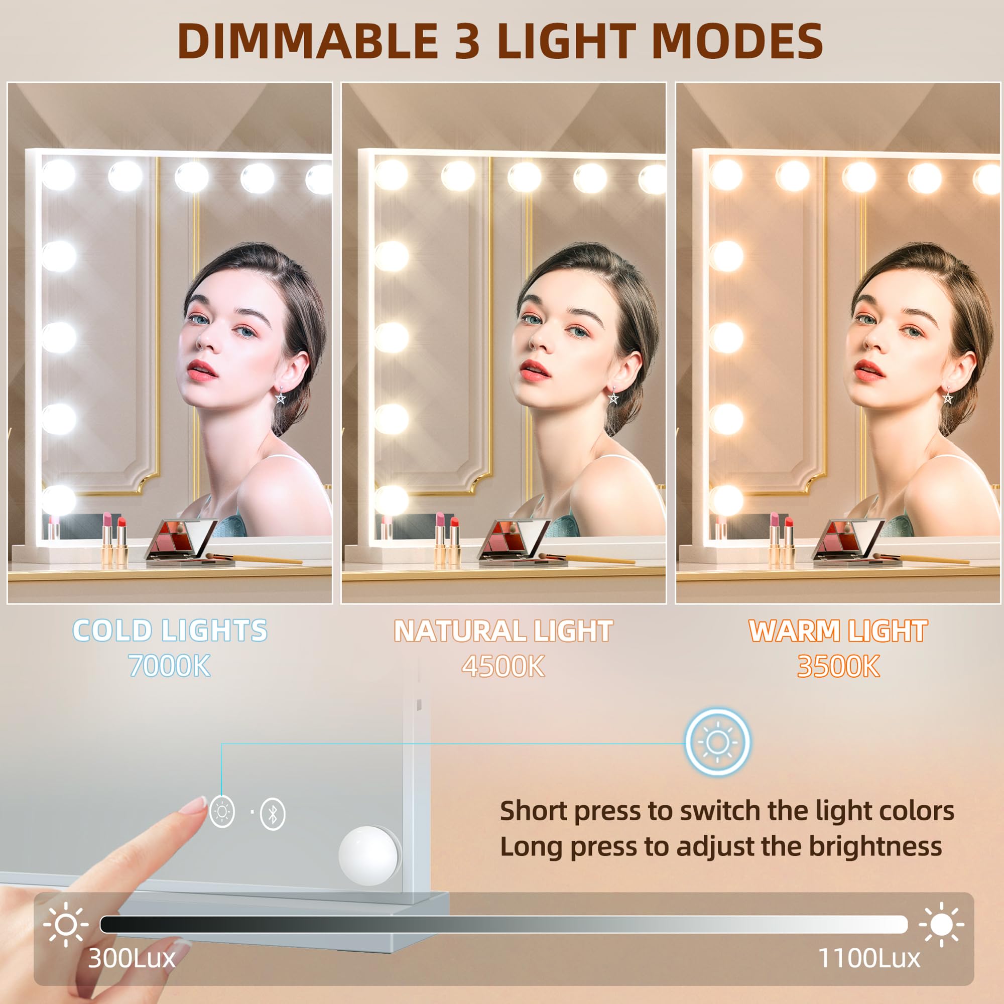 Fenchilin Vanity Mirror with Lights & Bluetooth Speaker - 22.8 x 18.1 in - 15 LED Bulbs - 3 Color Modes