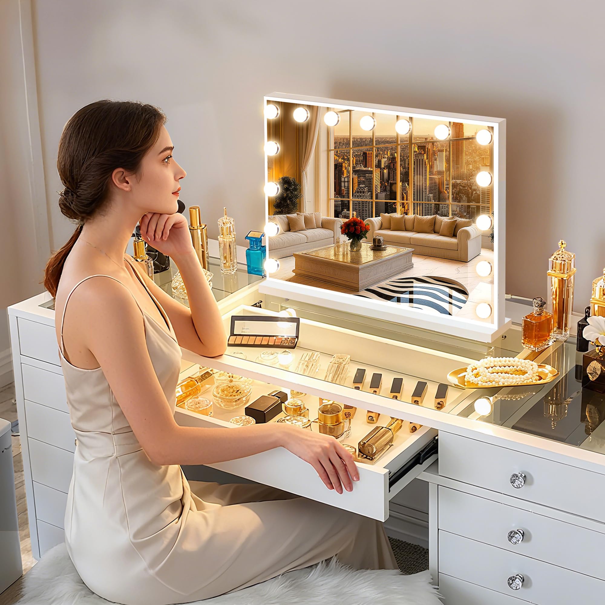 Fenchilin Vanity Mirror with Lights & Bluetooth Speaker - 22.8 x 18.1 in - 15 LED Bulbs - 3 Color Modes
