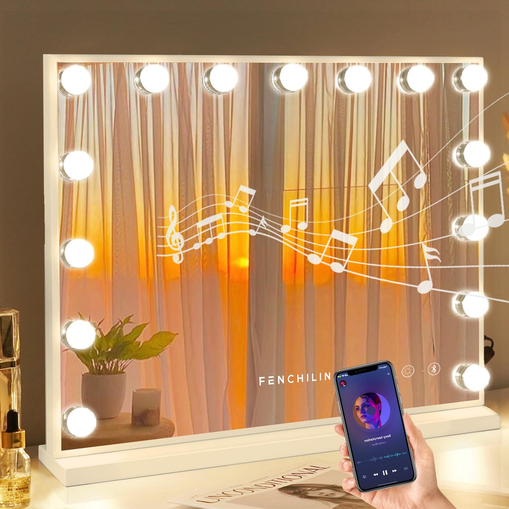 Fenchilin Vanity Mirror with Lights & Bluetooth Speaker - 22.8 x 18.1 in - 15 LED Bulbs - 3 Color Modes