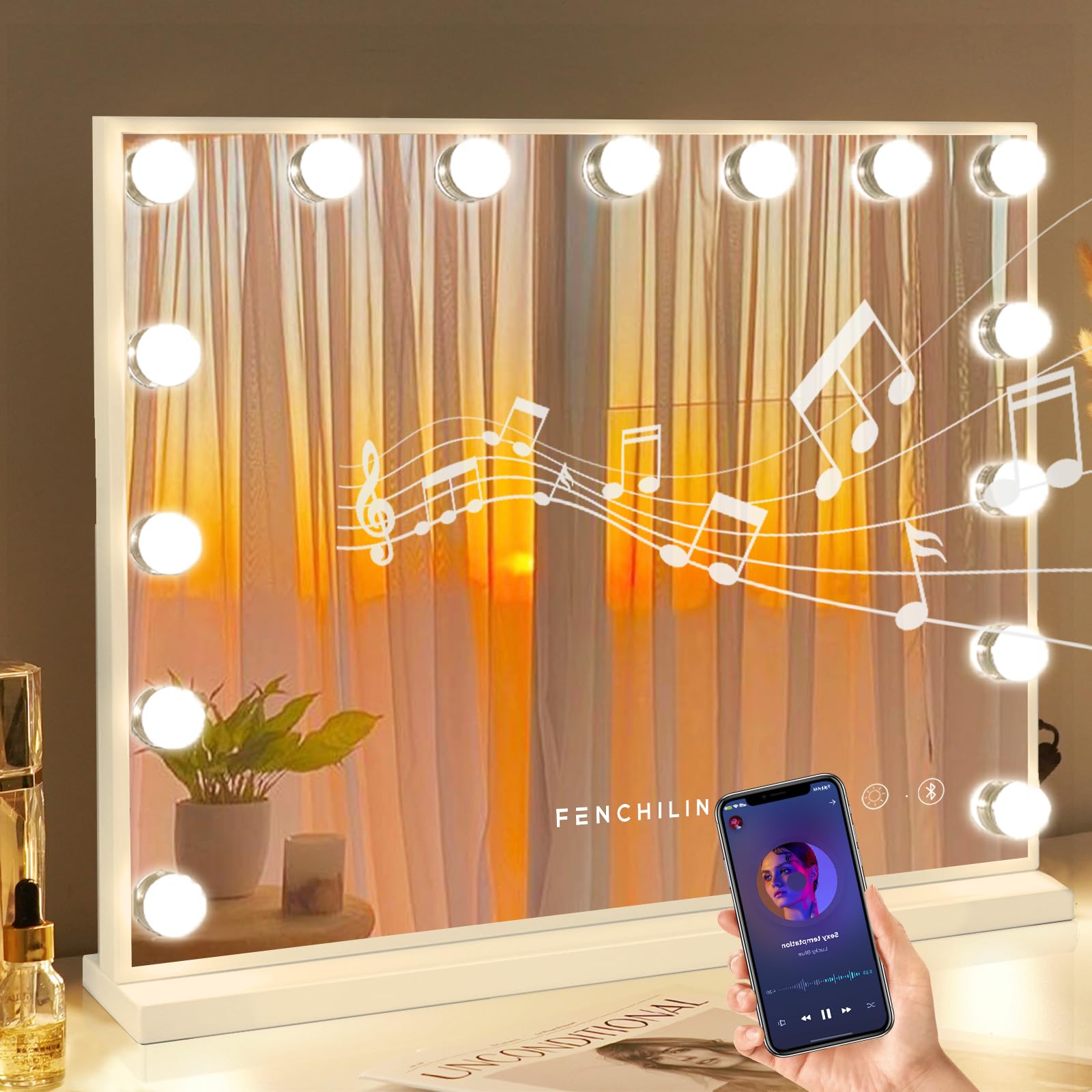 Fenchilin Vanity Mirror with Lights & Bluetooth Speaker - 22.8 x 18.1 in - 15 LED Bulbs - 3 Color Modes