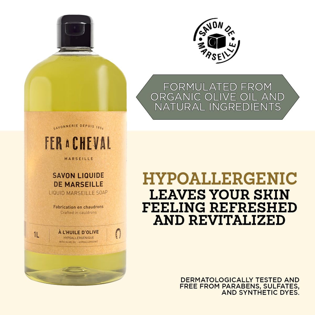 Fer à Cheval Olive Oil Marseille Liquid Soap 1L – Hypoallergenic, Natural & Eco-Friendly