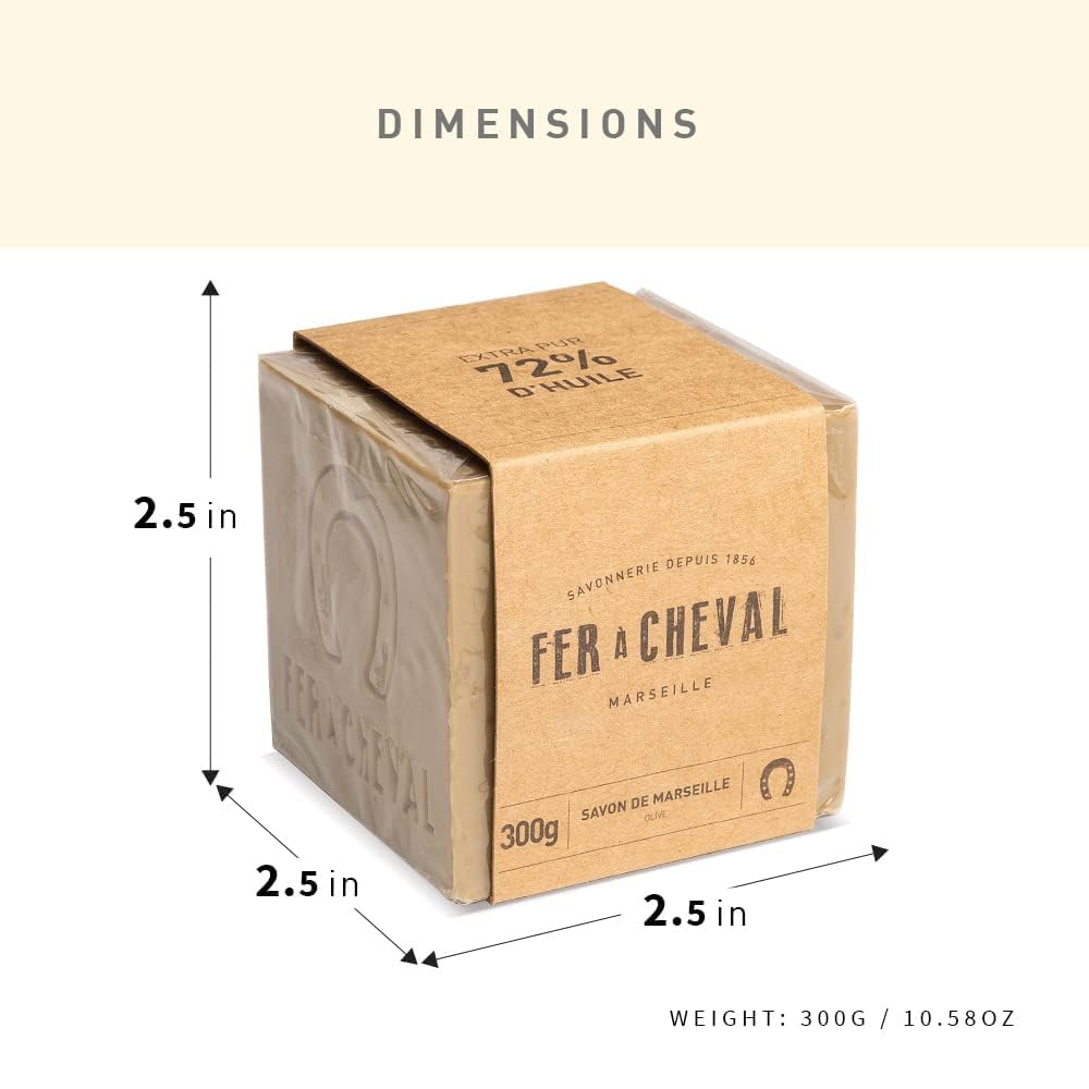 Fer à Cheval Savon de Marseille Olive Oil Soap Cube 300 g (2 Pack) – Palm Oil Free, Traditional French Artisan Soap