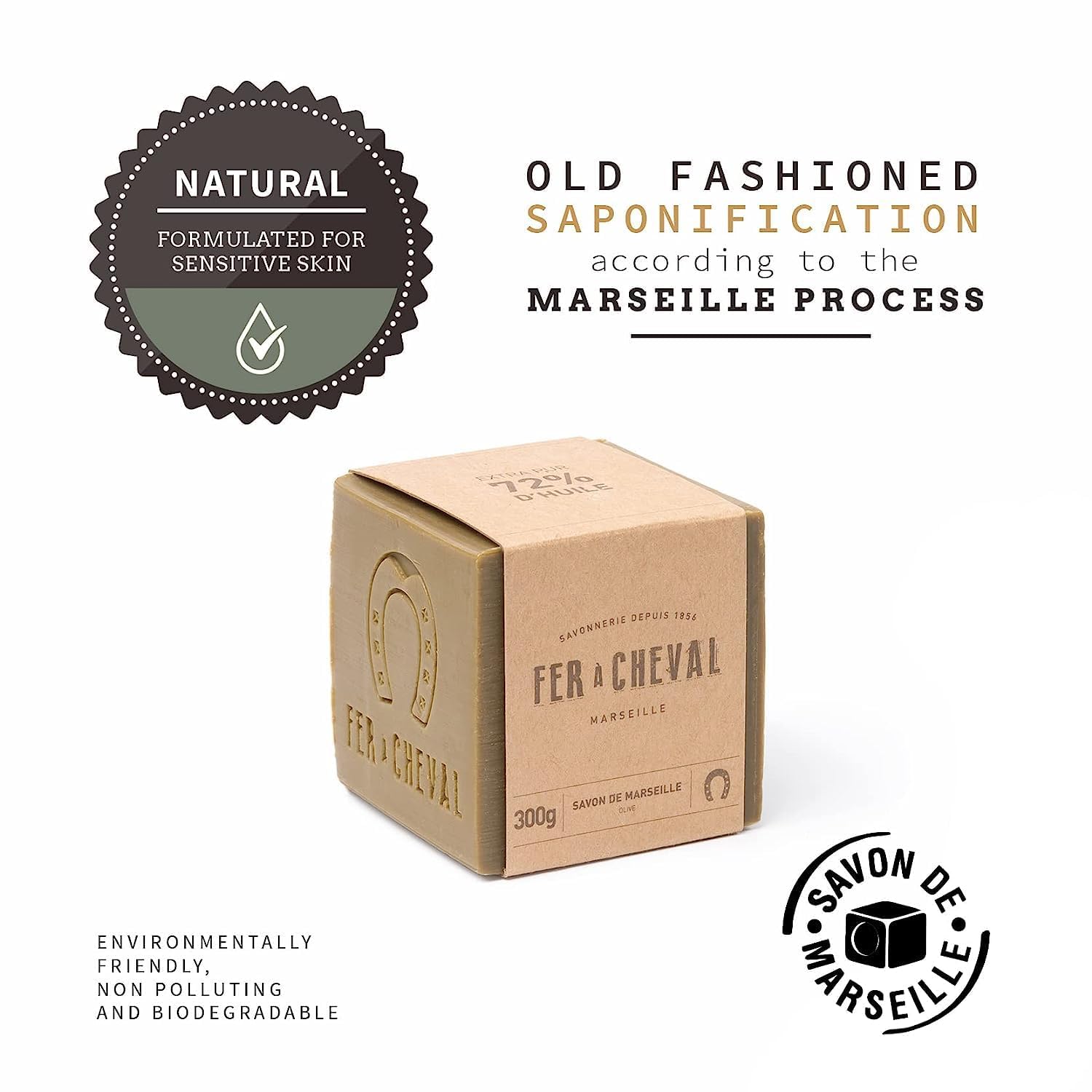 Fer à Cheval Savon de Marseille Olive Oil Soap Cube 300 g (2 Pack) – Palm Oil Free, Traditional French Artisan Soap