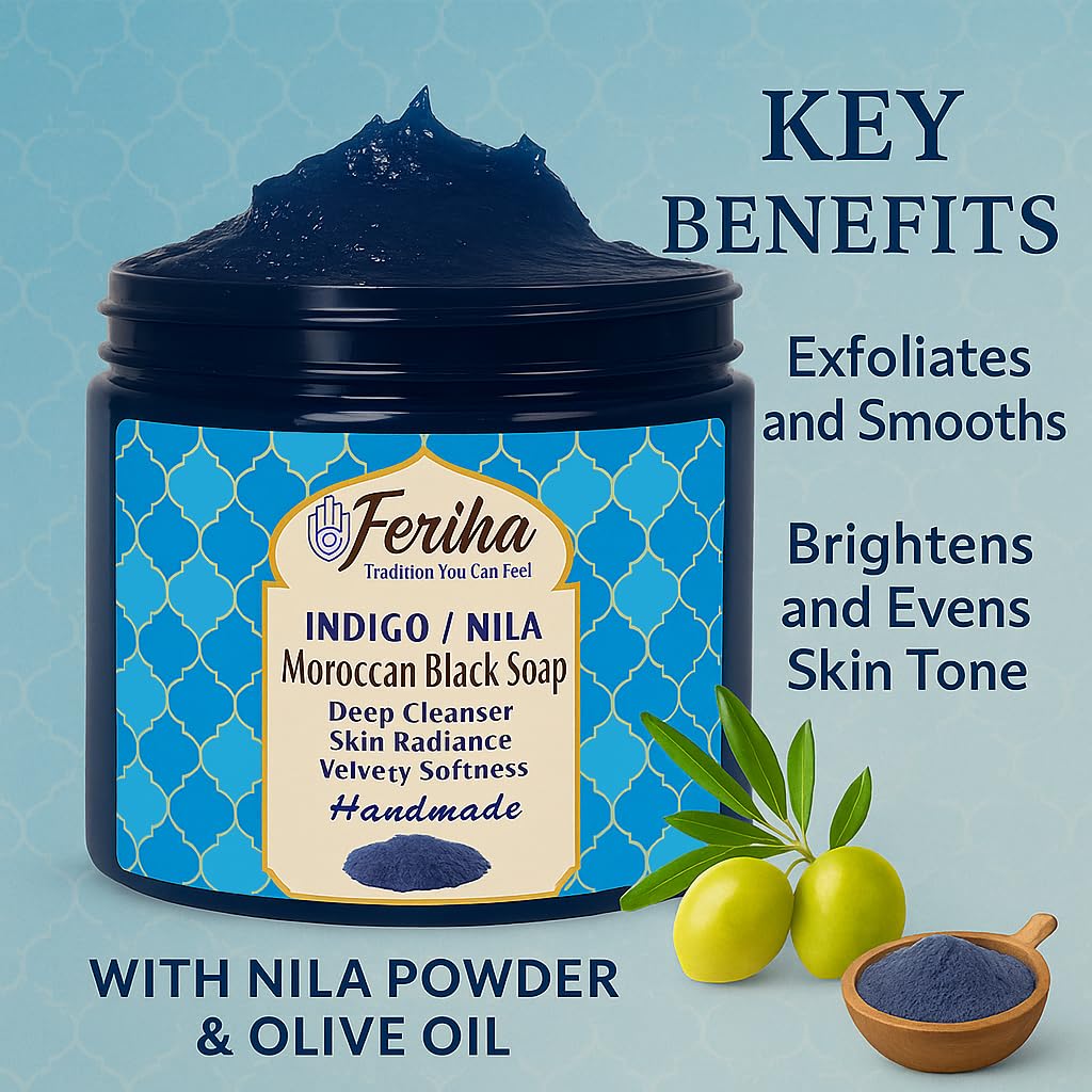 FERIHA Moroccan Black Soap Indigo Sahara Nila — 100% Natural Artisan Beldi Soap, Hammam Ritual