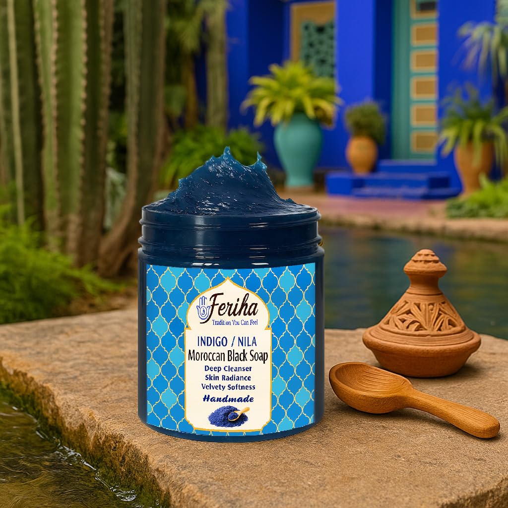 FERIHA Moroccan Black Soap Indigo Sahara Nila — 100% Natural Artisan Beldi Soap, Hammam Ritual