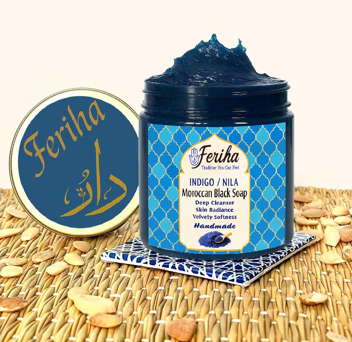 FERIHA Moroccan Black Soap Indigo Sahara Nila — 100% Natural Artisan Beldi Soap, Hammam Ritual