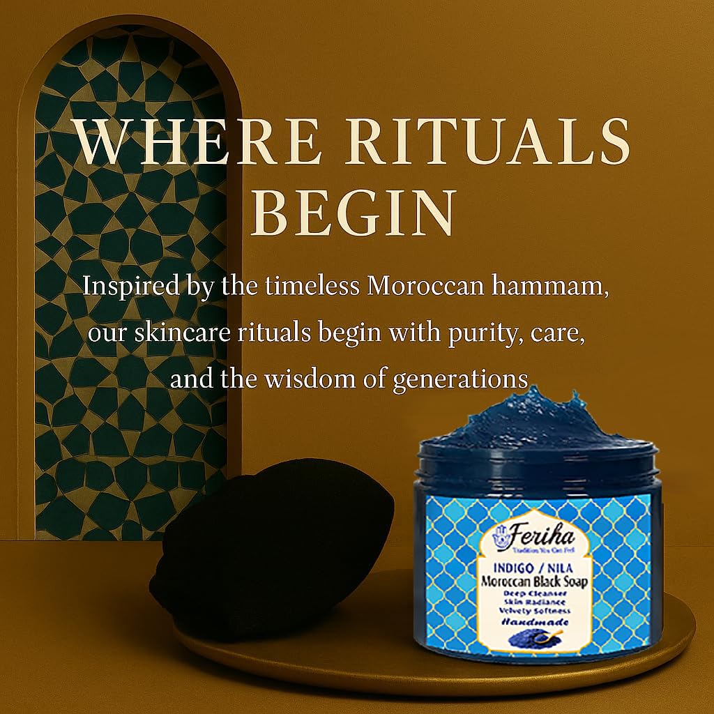 FERIHA Moroccan Black Soap Indigo Sahara Nila — 100% Natural Artisan Beldi Soap, Hammam Ritual