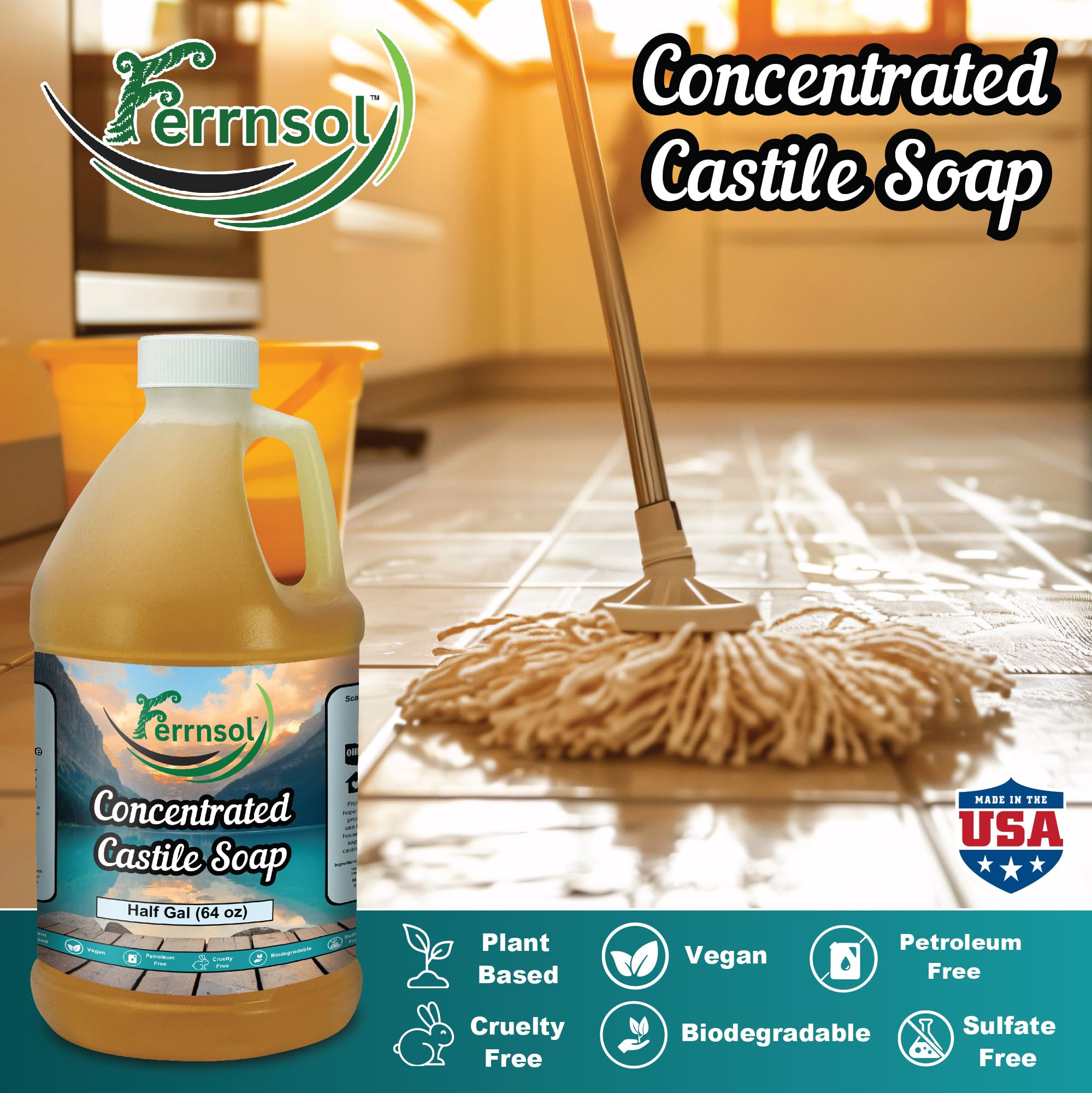 Ferrnsol Castile Gel Soap – Unscented 64oz Refill, Concentrated & Biodegradable