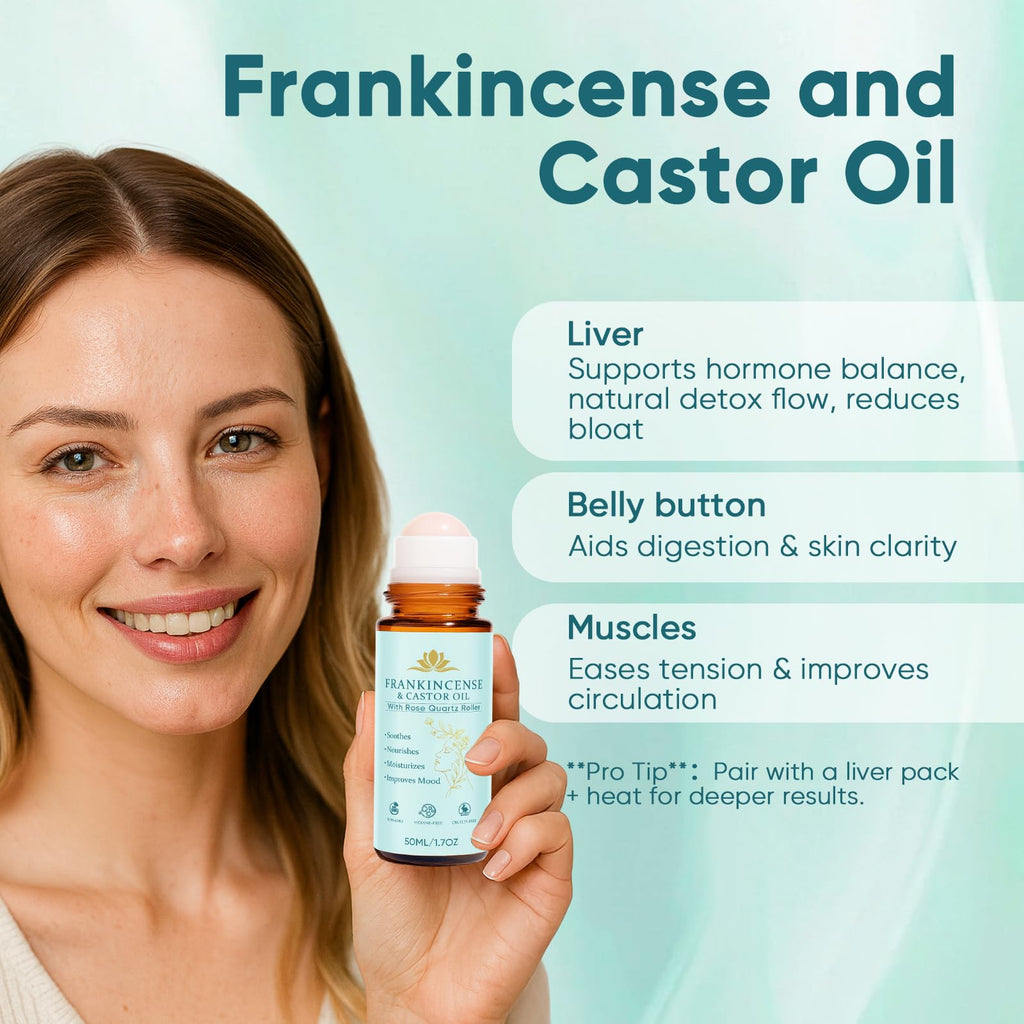 Fibosara Frankincense & Castor Oil Roll-On with Rose Quartz – 100% Pure, Organic, Cold-Pressed, 50ml