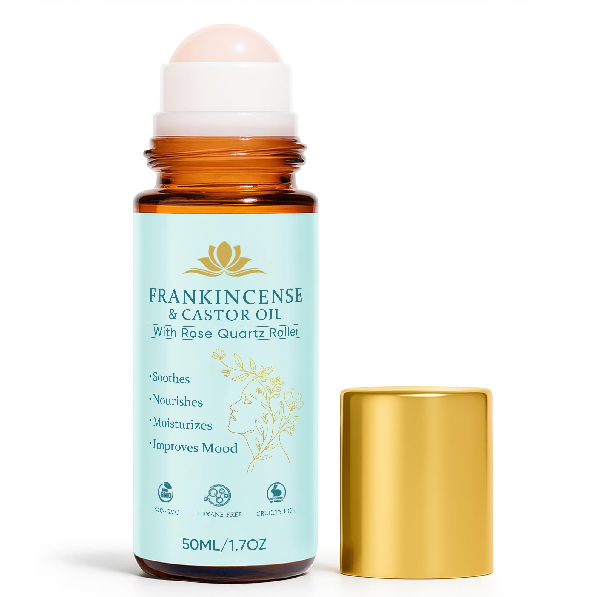 Fibosara Frankincense & Castor Oil Roll-On with Rose Quartz – 100% Pure, Organic, Cold-Pressed, 50ml