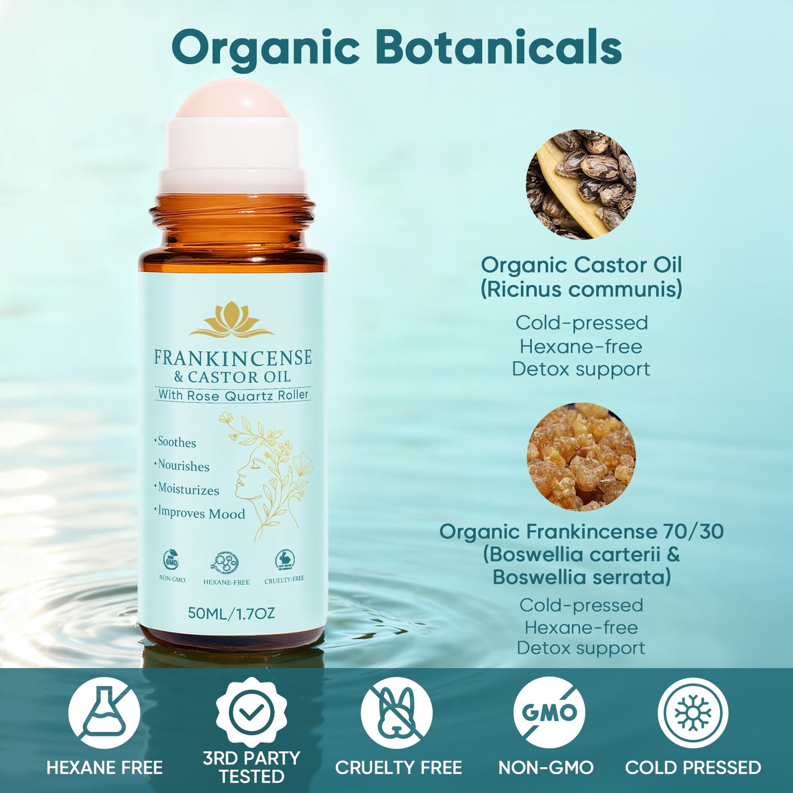Fibosara Frankincense & Castor Oil Roll-On with Rose Quartz – 100% Pure, Organic, Cold-Pressed, 50ml