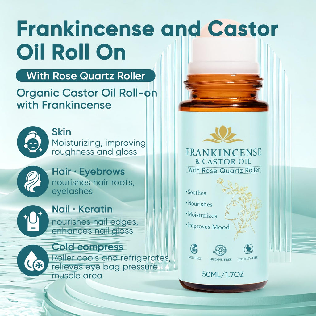 Fibosara Frankincense & Castor Oil Roll-On with Rose Quartz – 100% Pure, Organic, Cold-Pressed, 50ml