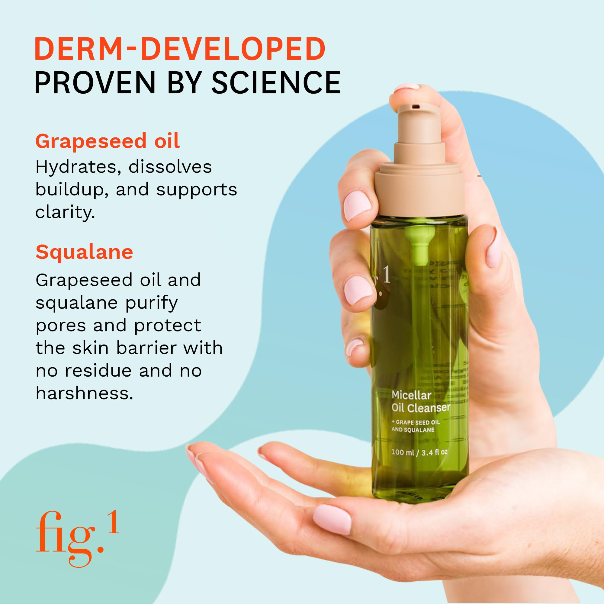 Fig.1 Micellar Oil Cleanser for Face – Makeup Remover & Deep Cleansing Oil, Squalane & Grapeseed, Refillable 3.4 oz