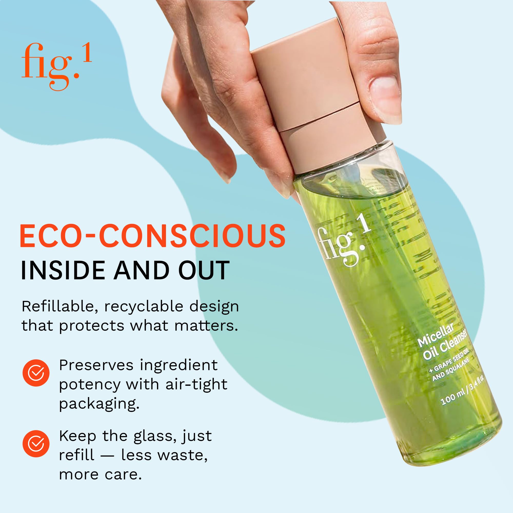 Fig.1 Micellar Oil Cleanser for Face – Makeup Remover & Deep Cleansing Oil, Squalane & Grapeseed, Refillable 3.4 oz