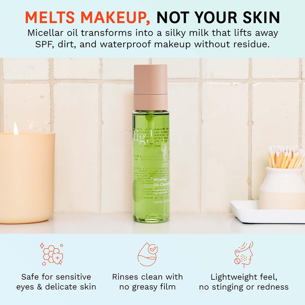 Fig.1 Micellar Oil Cleanser for Face – Makeup Remover & Deep Cleansing Oil, Squalane & Grapeseed, Refillable 3.4 oz
