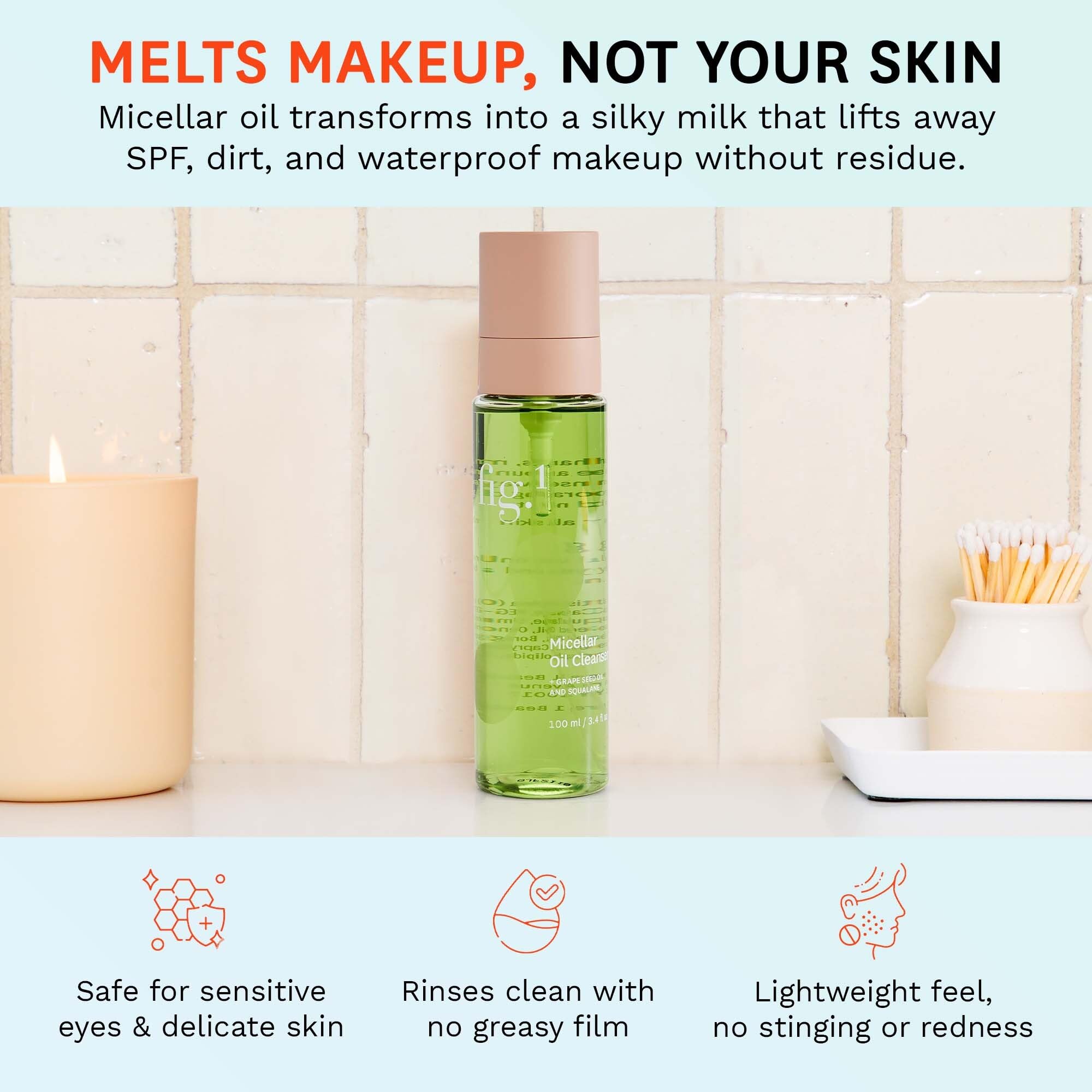 Fig.1 Micellar Oil Cleanser for Face – Makeup Remover & Deep Cleansing Oil, Squalane & Grapeseed, Refillable 3.4 oz