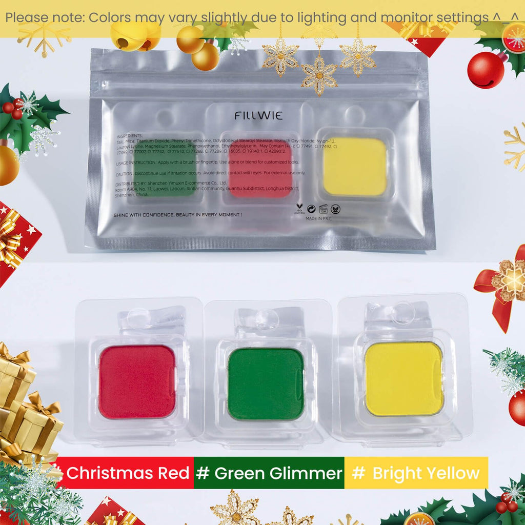 Fillwie Christmas 3-Color Eyeshadow Trio – Festive Holly Red, Evergreen Green & Golden Yellow | Matte & Shimmer