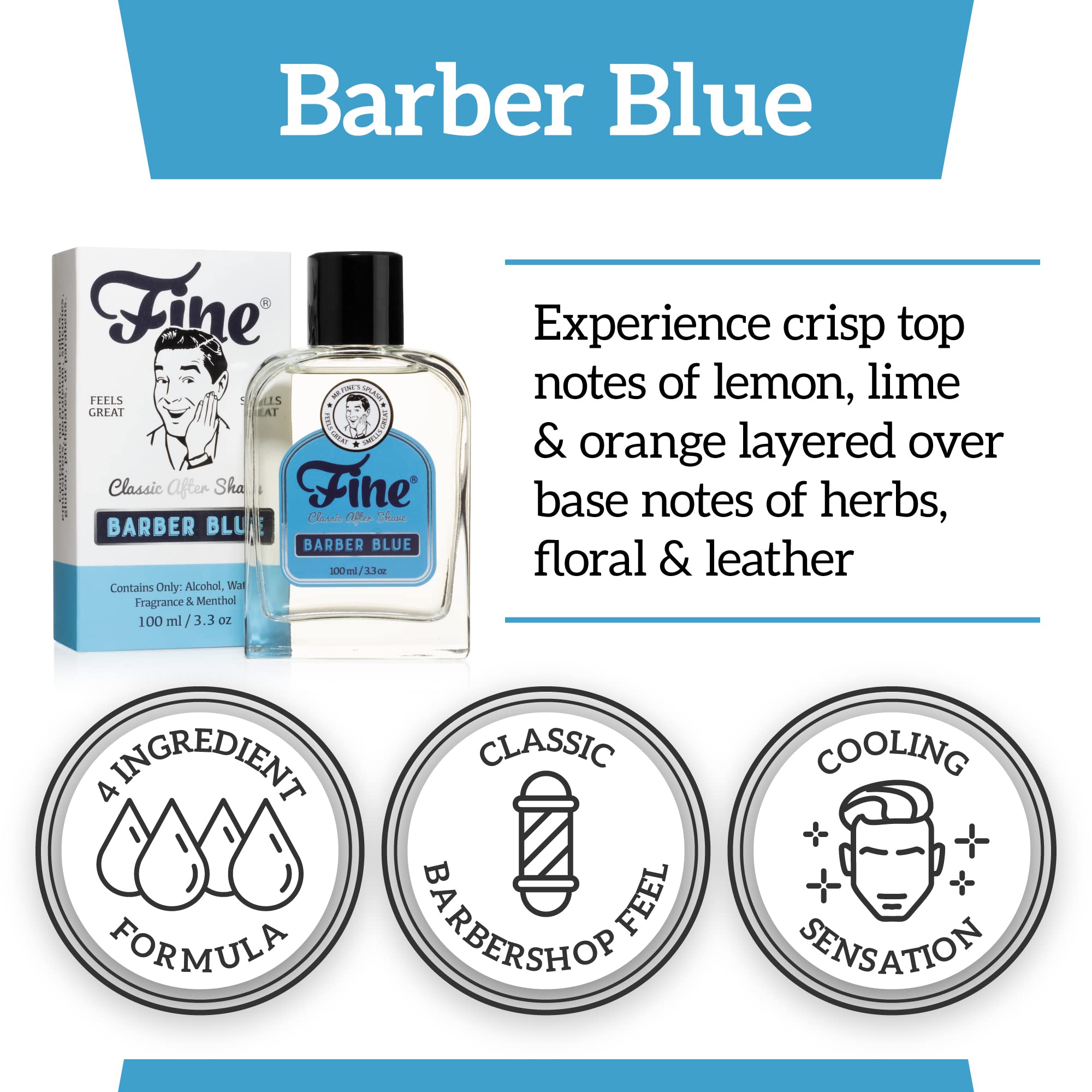 Fine Men's Aftershave Barber Blue – Alcohol-Based, Soothing Post-Shave Balm (100ml)