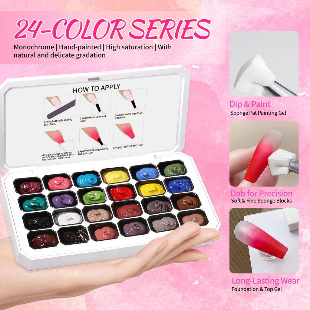 Finger Secret 24-Color Ombre Gel Nail Polish Set | Gradient Blooming Gel with 100 Sponges