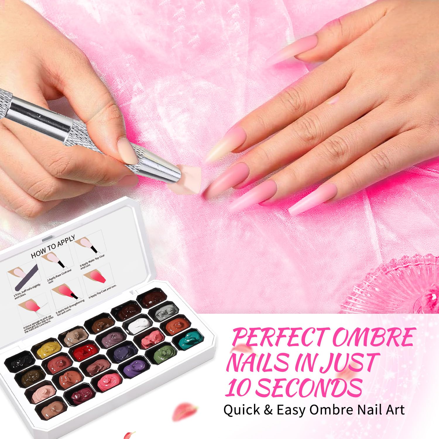 Finger Secret 24-Color Ombre Gel Nail Polish Set | Gradient Blooming Gel with 100 Sponges