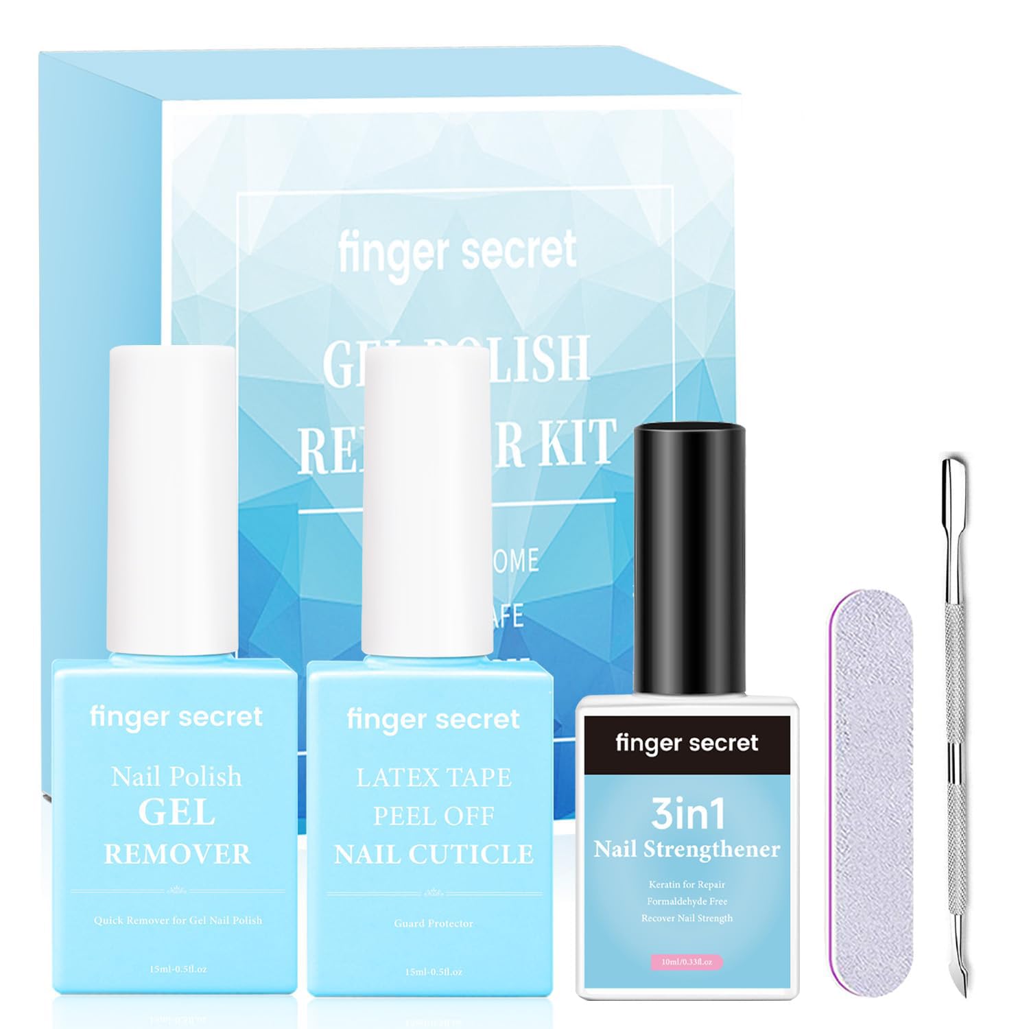Finger Secret Gel Nail Polish Remover Kit – Complete Care Set with Gel Remover, Latex Tape & Strengthener