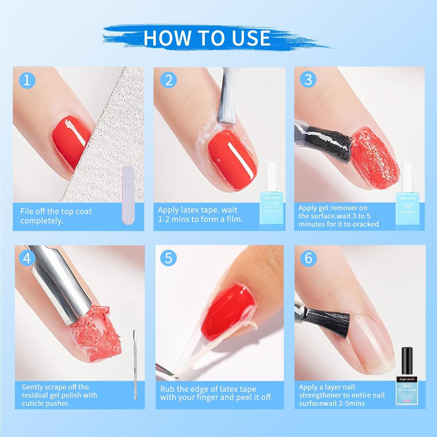 Finger Secret Gel Nail Polish Remover Kit – Complete Care Set with Gel Remover, Latex Tape & Strengthener