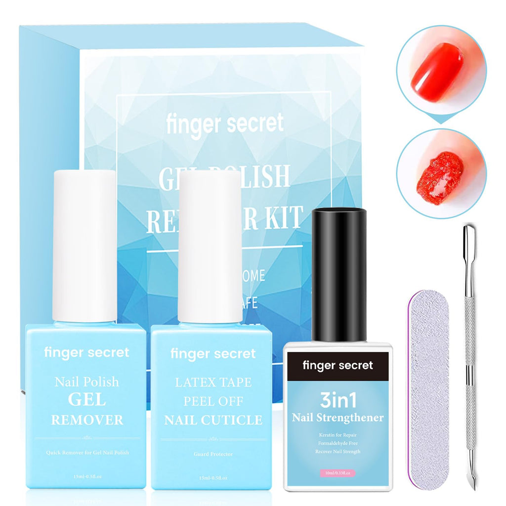Finger Secret Gel Nail Polish Remover Kit – Complete Care Set with Gel Remover, Latex Tape & Strengthener