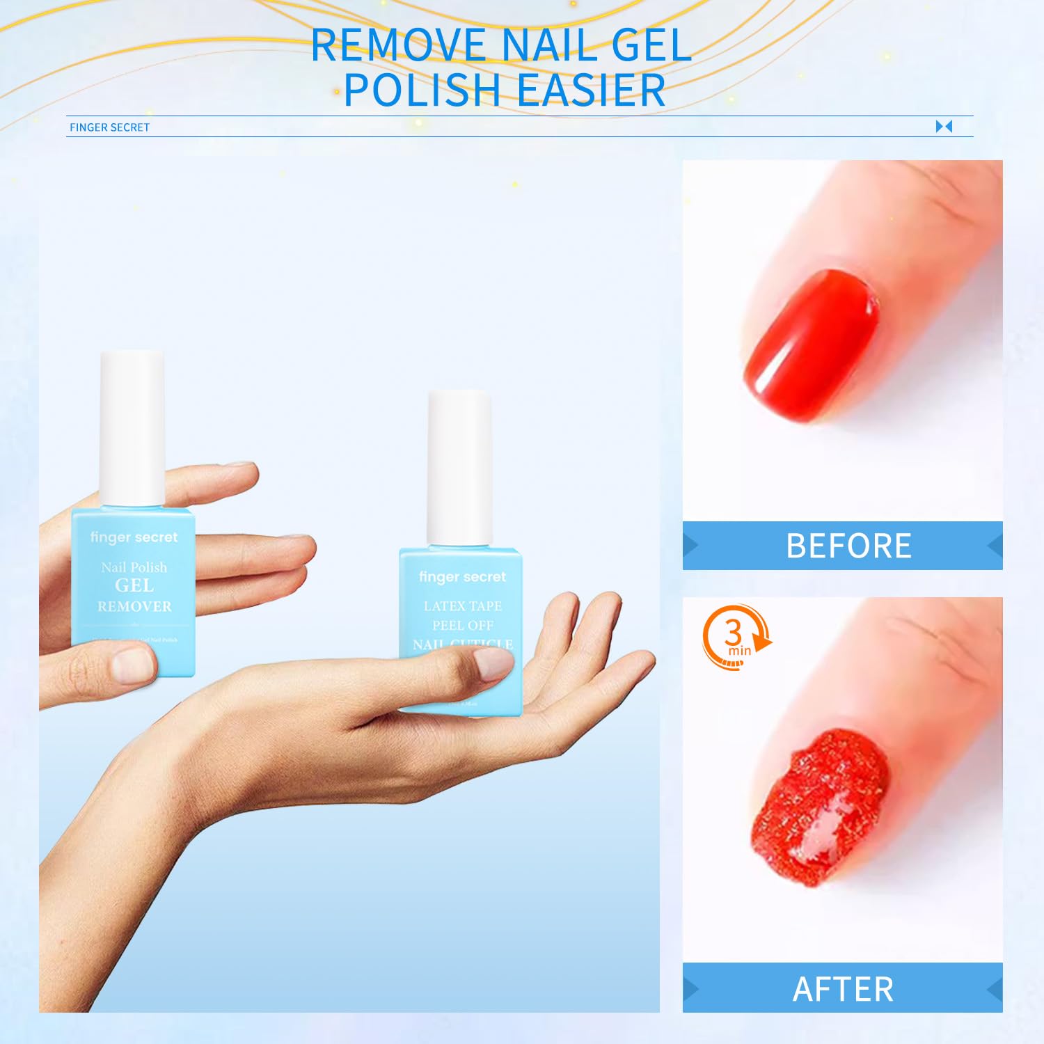 Finger Secret Gel Nail Polish Remover Kit – Complete Care Set with Gel Remover, Latex Tape & Strengthener