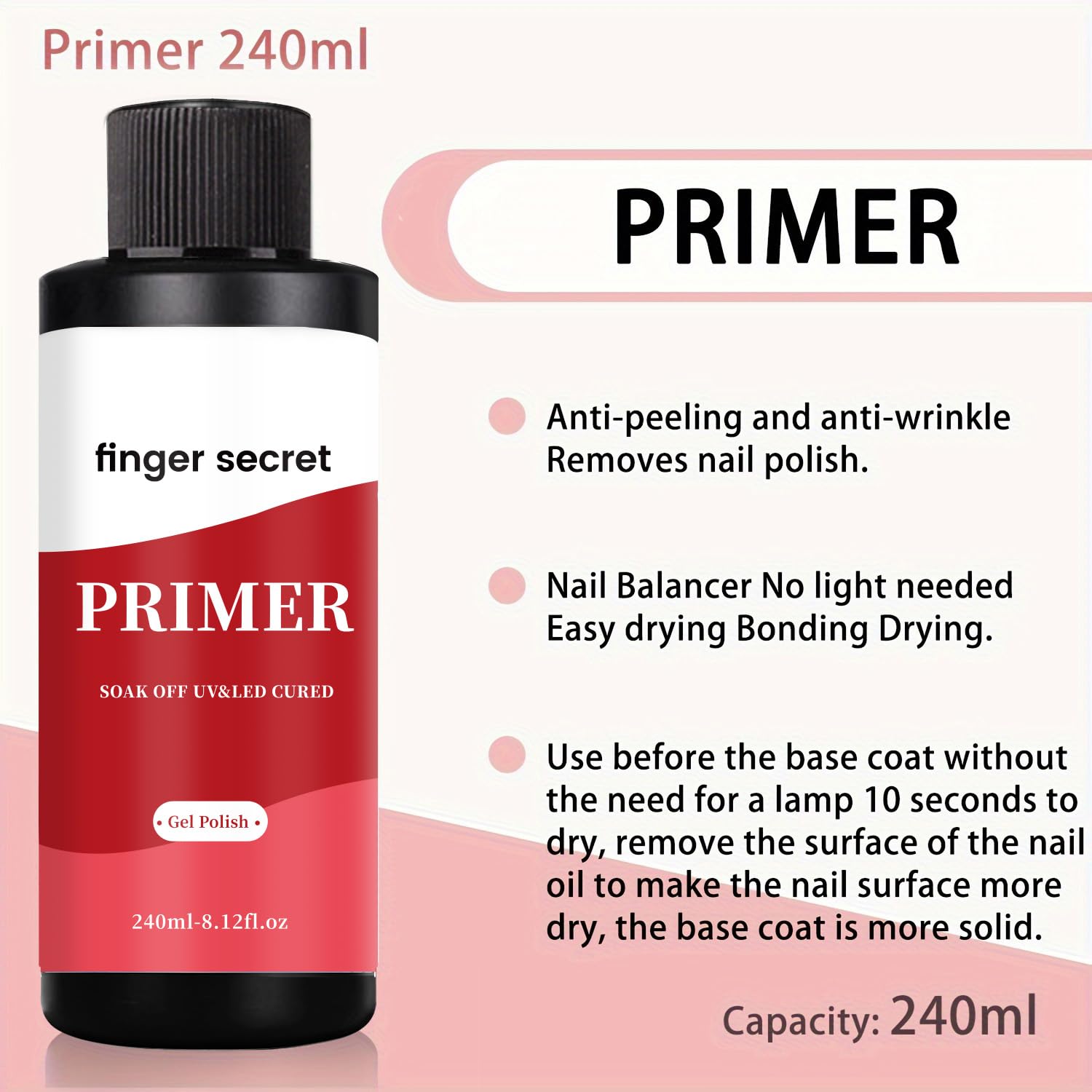 Finger Secret Nail Primer 240ml – Gel Polish Prep, Adhesion Enhancement for Salon & Home