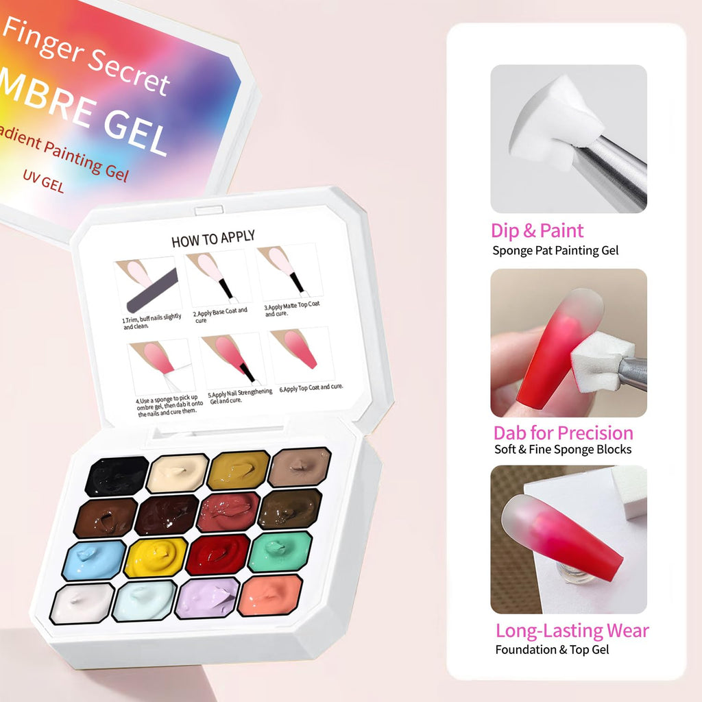 Finger Secret 16-Color Ombre Gel Polish Palette | Gradient Blooming Nail Kit